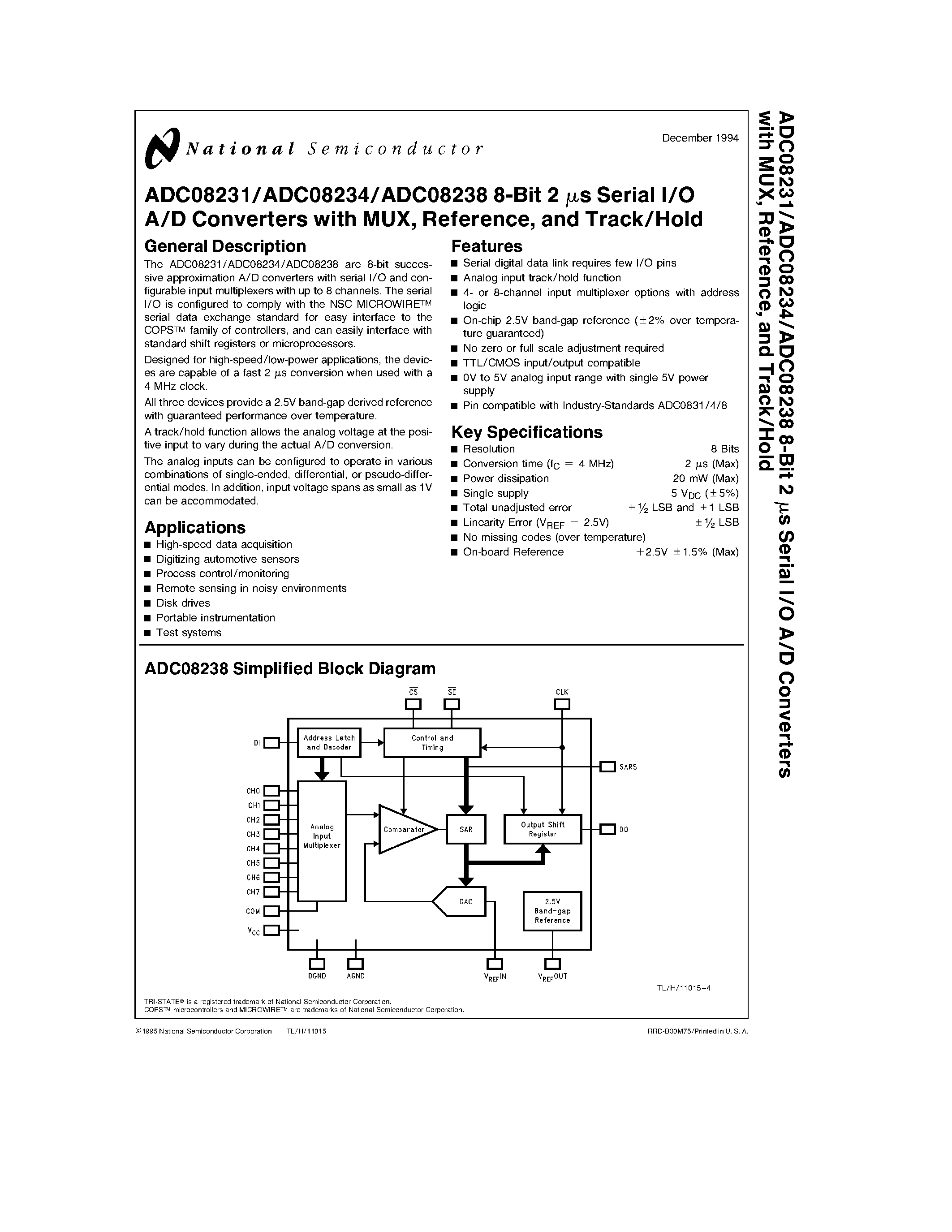 Даташит ADC08231 - 8-Bit 2 ms Serial I/O A/D Converters with MUX/ Reference/ and Track/Hold страница 1