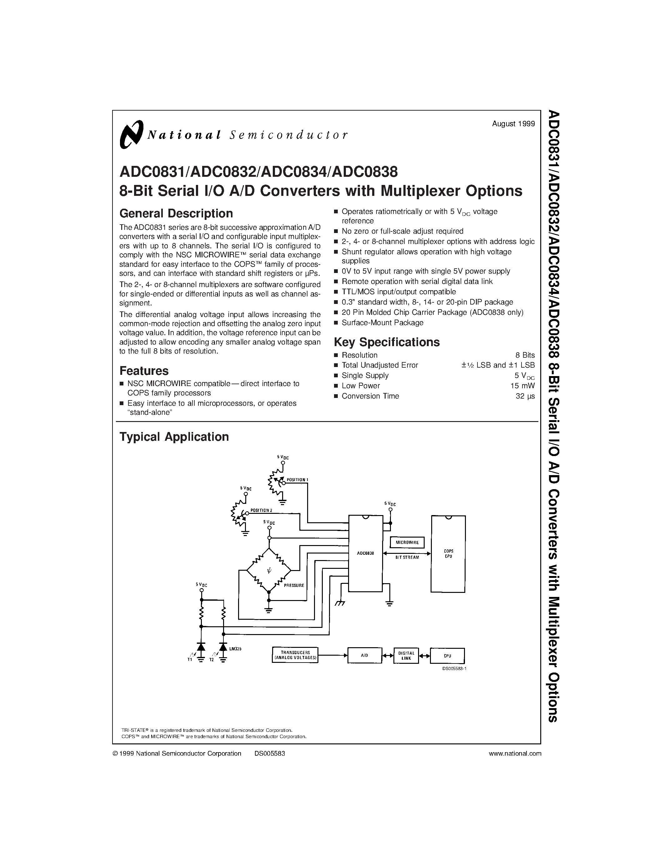 Даташит ADC0831 - 8-Bit Serial I/O A/D Converters with Multiplexer Options страница 1