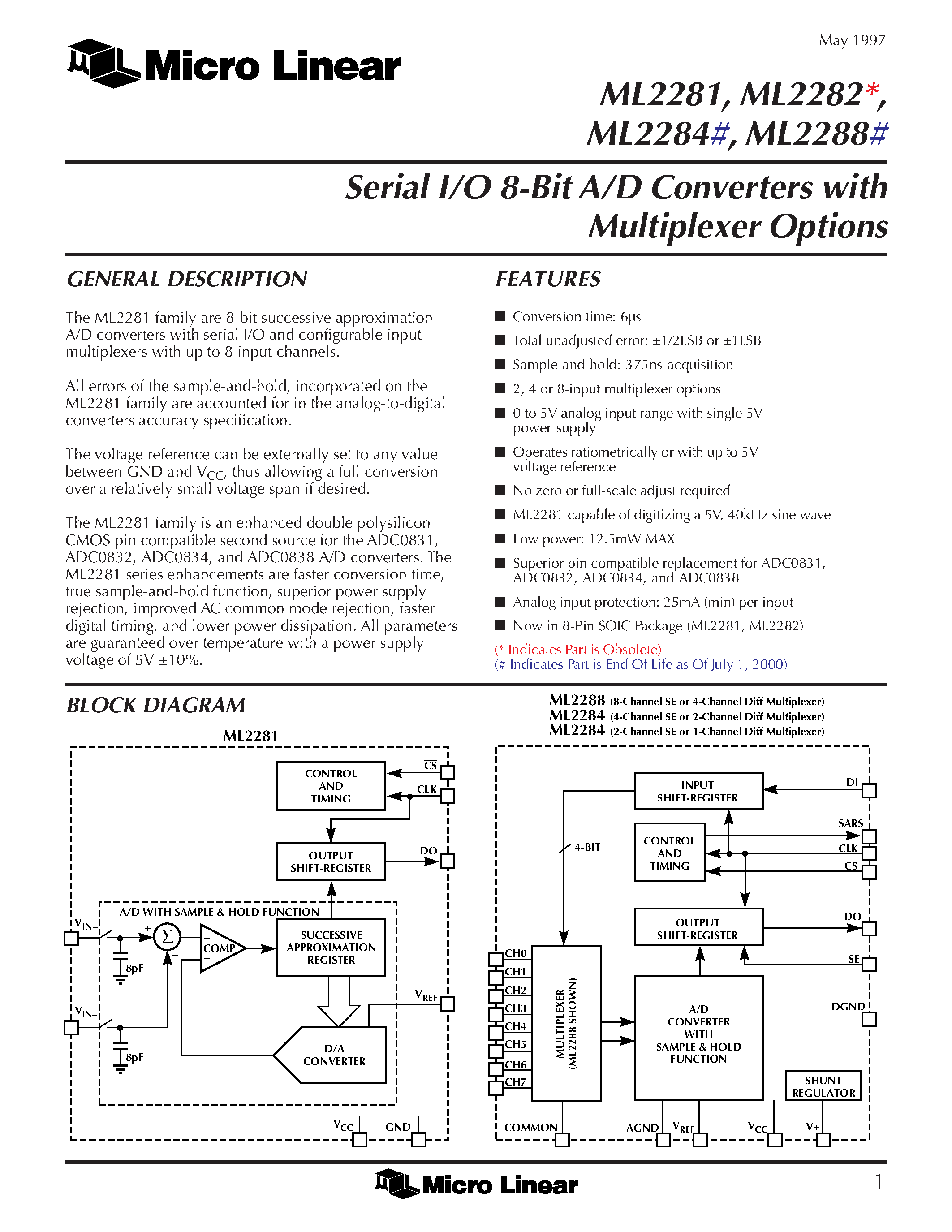 Даташит ADC0831BCN - Serial I/O 8-Bit A/D Converters with Multiplexer Options страница 1