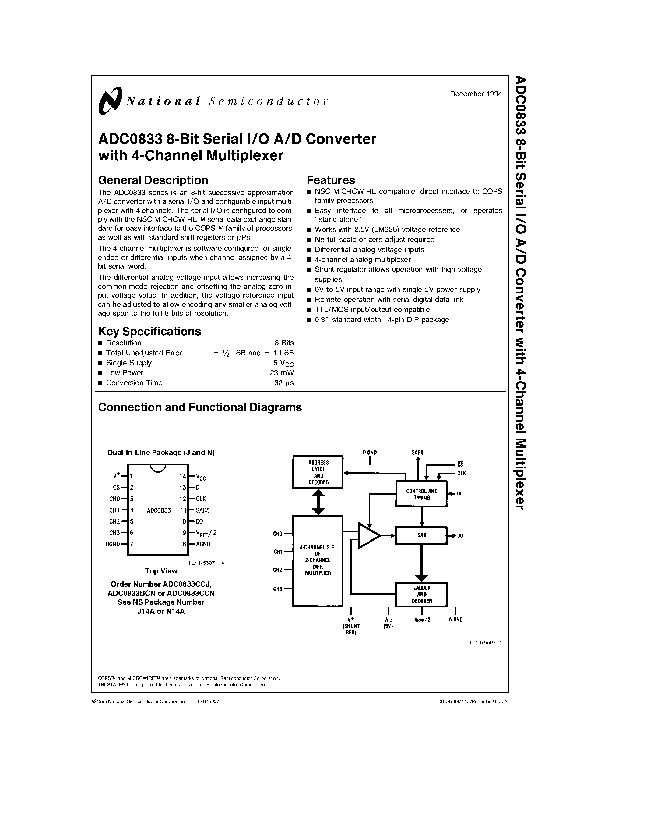 Даташит ADC0833 - 8-Bit Serial I/O A/D Converter with 4-Channel Multiplexer страница 1