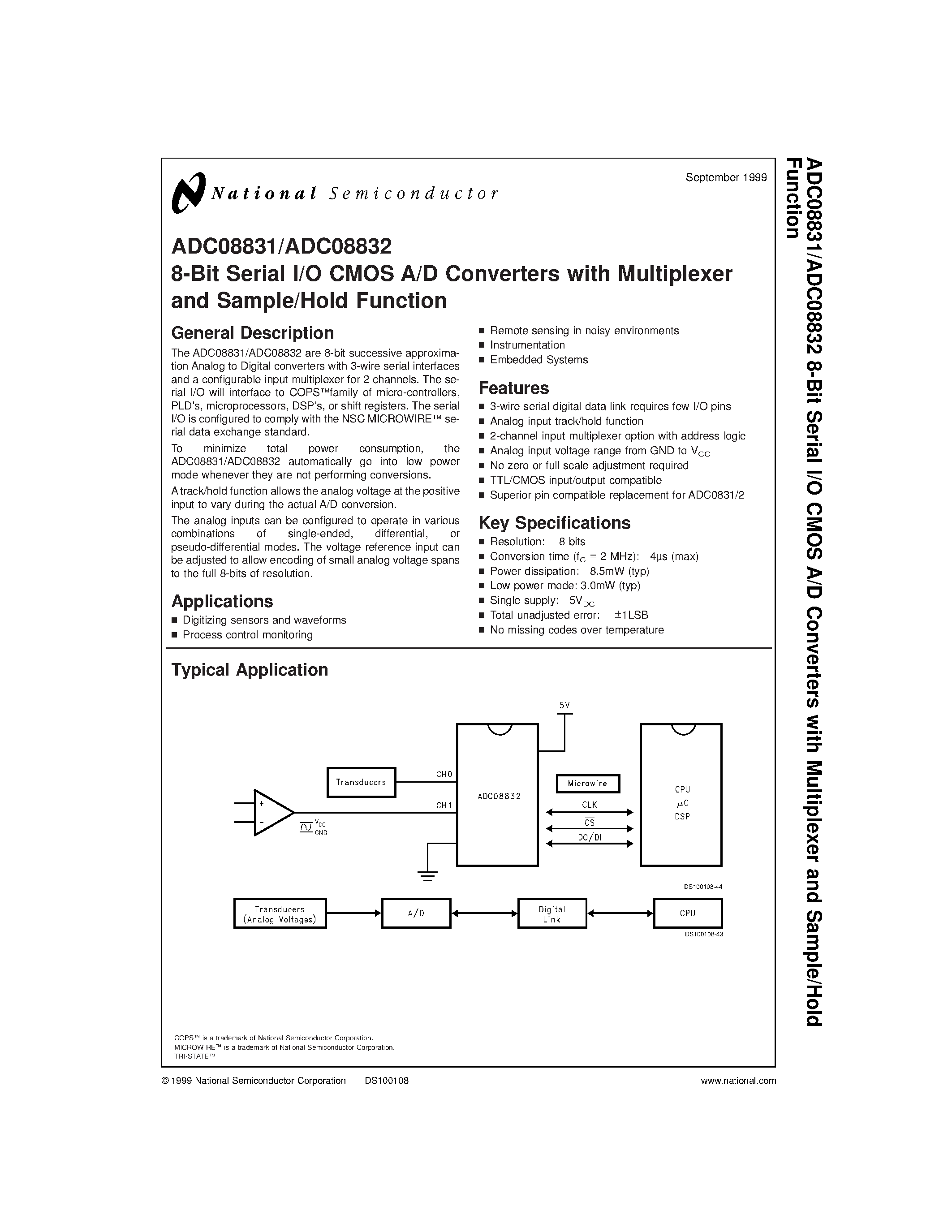 Даташит ADC08831IWM - 8-Bit Serial I/O CMOS A/D Converters with Multiplexer and Sample/Hold Function страница 1