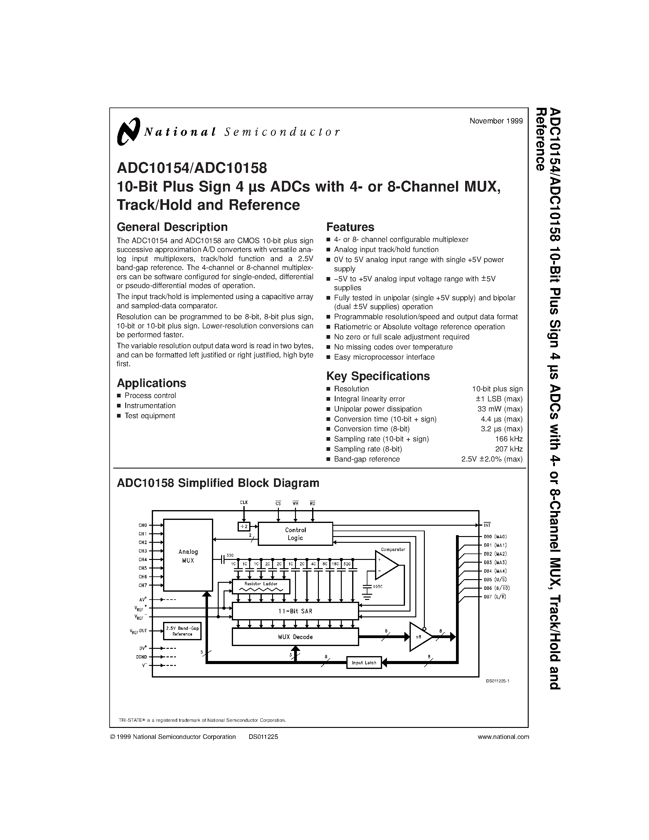 Даташит ADC10158CIN - 10-Bit Plus Sign 4 s ADCs with 4- or 8-Channel MUX/ Track/Hold and Reference страница 1