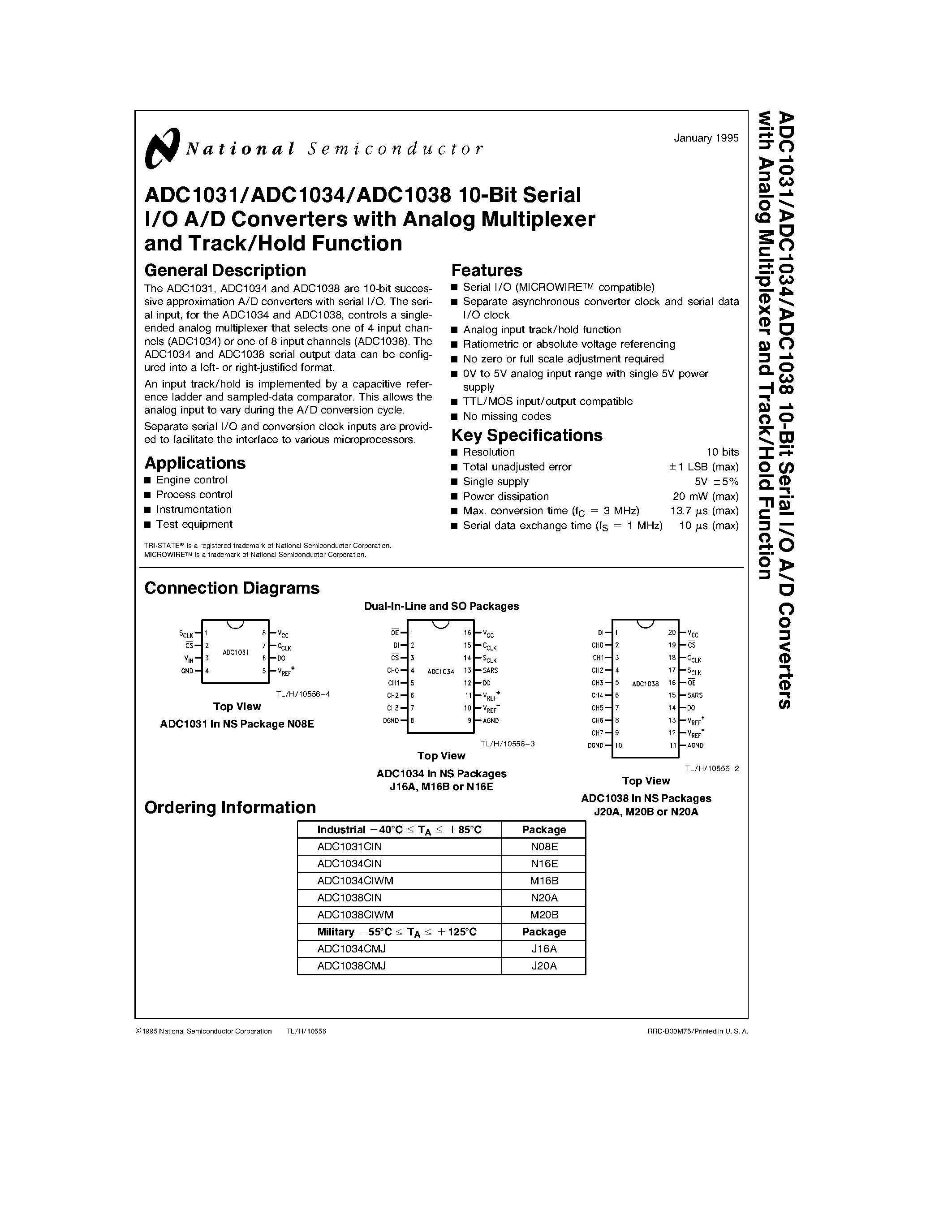 Даташит ADC1031 - ADC1031/ADC1034/ADC1038 10-Bit Serial I/O A/D Converters with Analog Multiplexer and Track/Hold Function страница 1