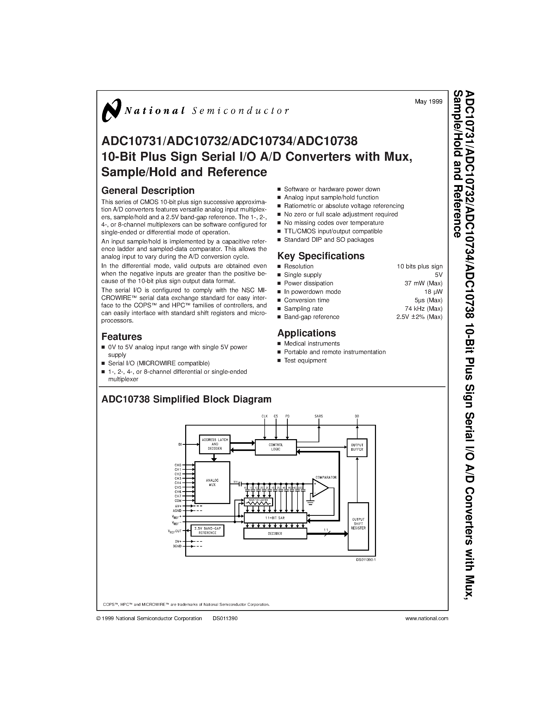 Даташит ADC10731 - 10-Bit Plus Sign Serial I/O A/D Converters with Mux/ страница 1