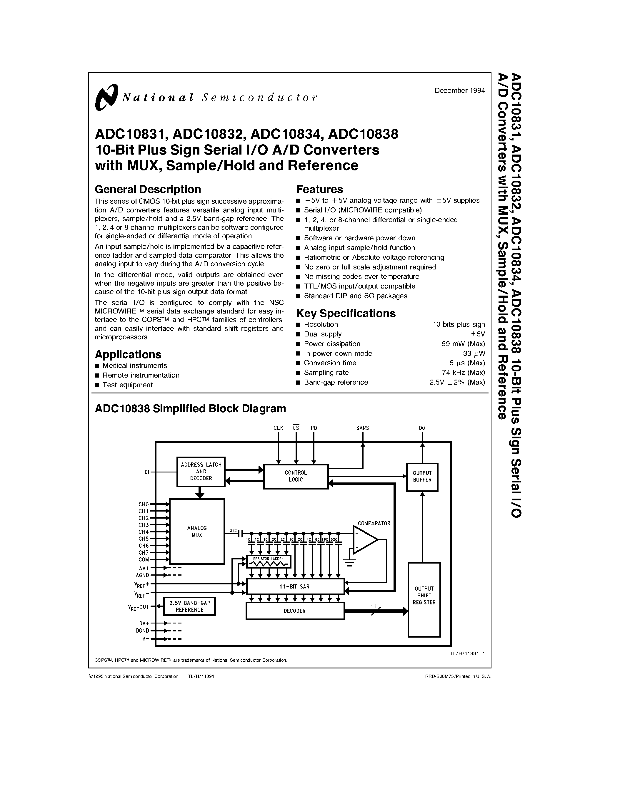 Даташит ADC10831 - 10-Bit Plus Sign Serial I/O A/D Converters with MUX/ Sample/Hold and Reference страница 1