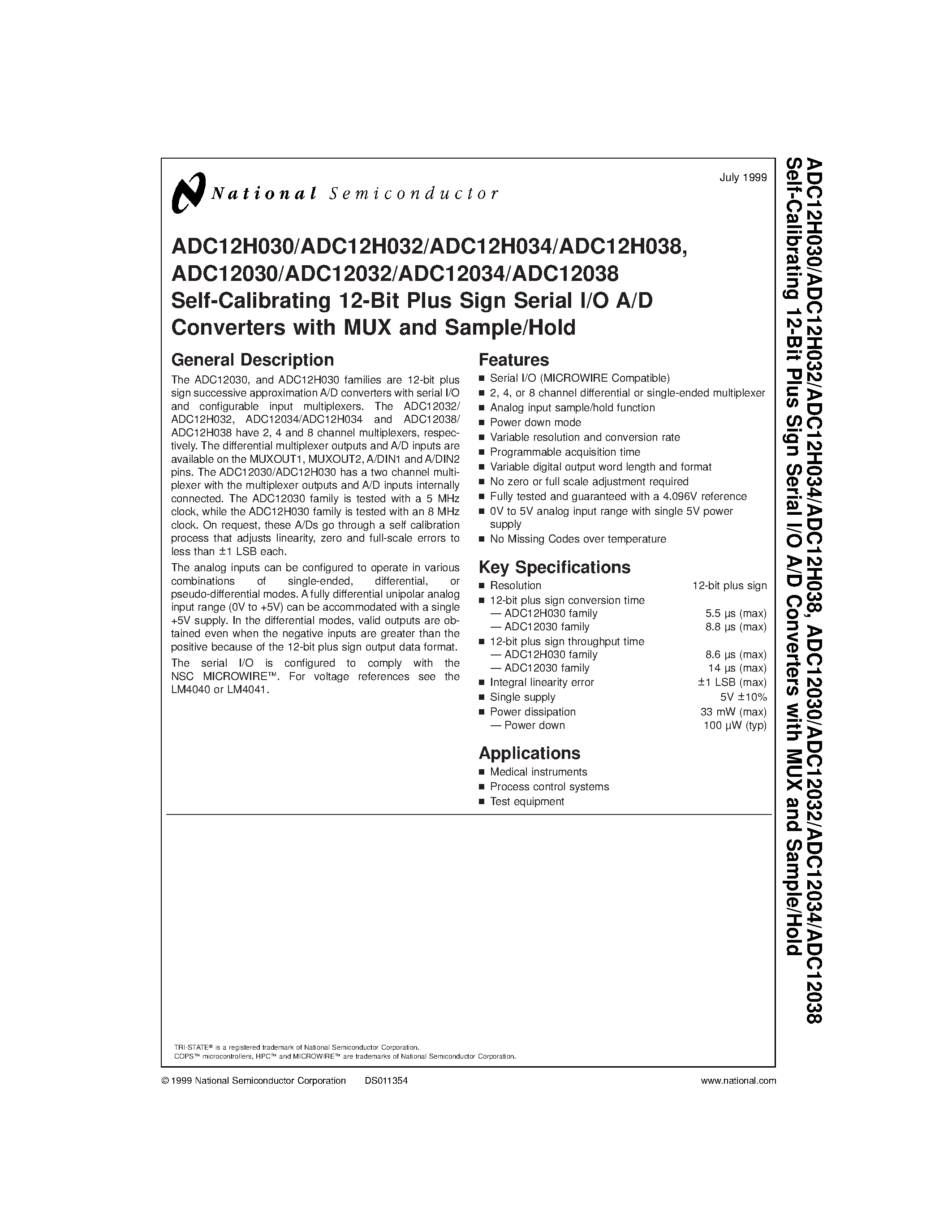 Даташит ADC12030 - Self-Calibrating 12-Bit Plus Sign Serial I/O A/D Converters with MUX and Sample/Hold страница 1