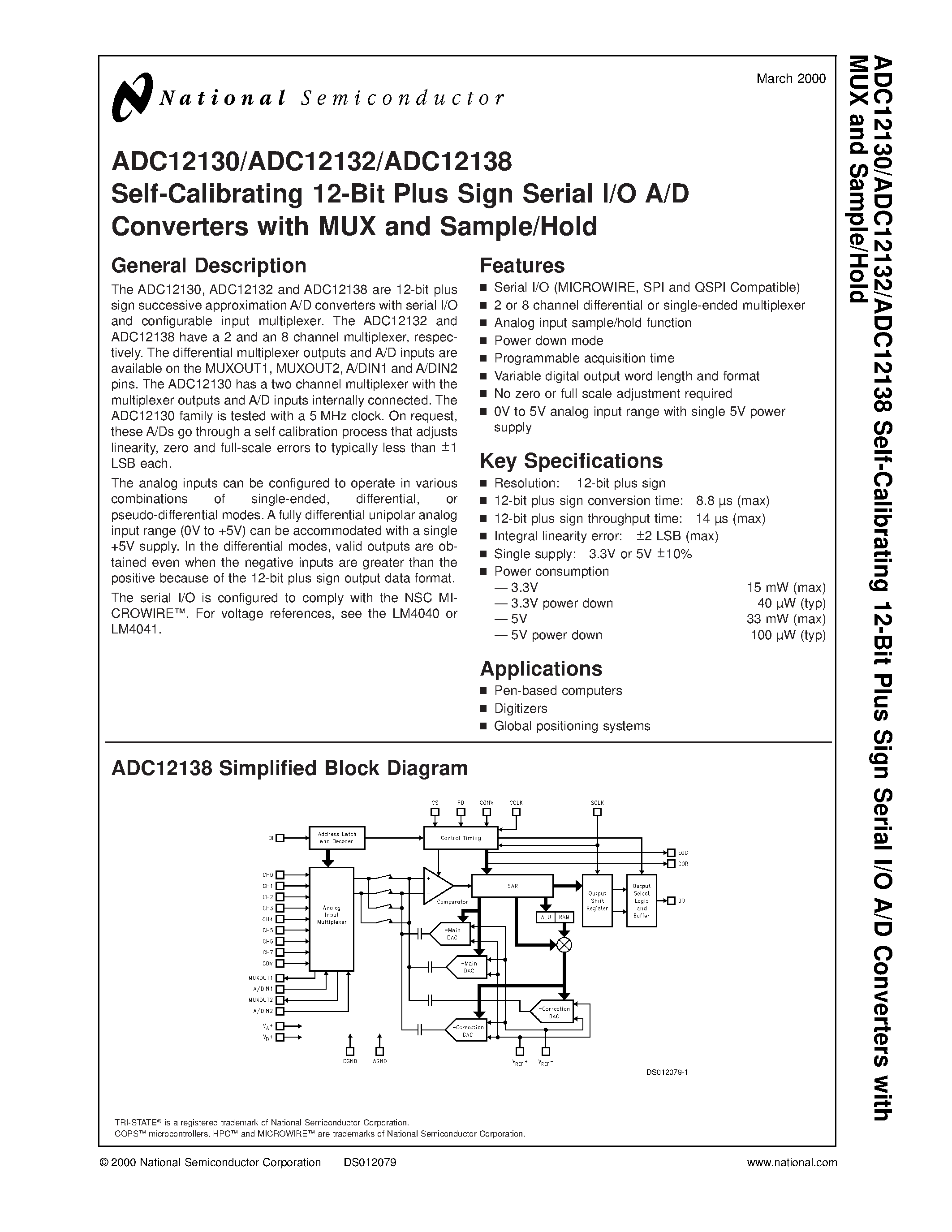 Даташит ADC12130 - Self-Calibrating 12-Bit Plus Sign Serial I/O A/D Converters with MUX and Sample/Hold страница 1