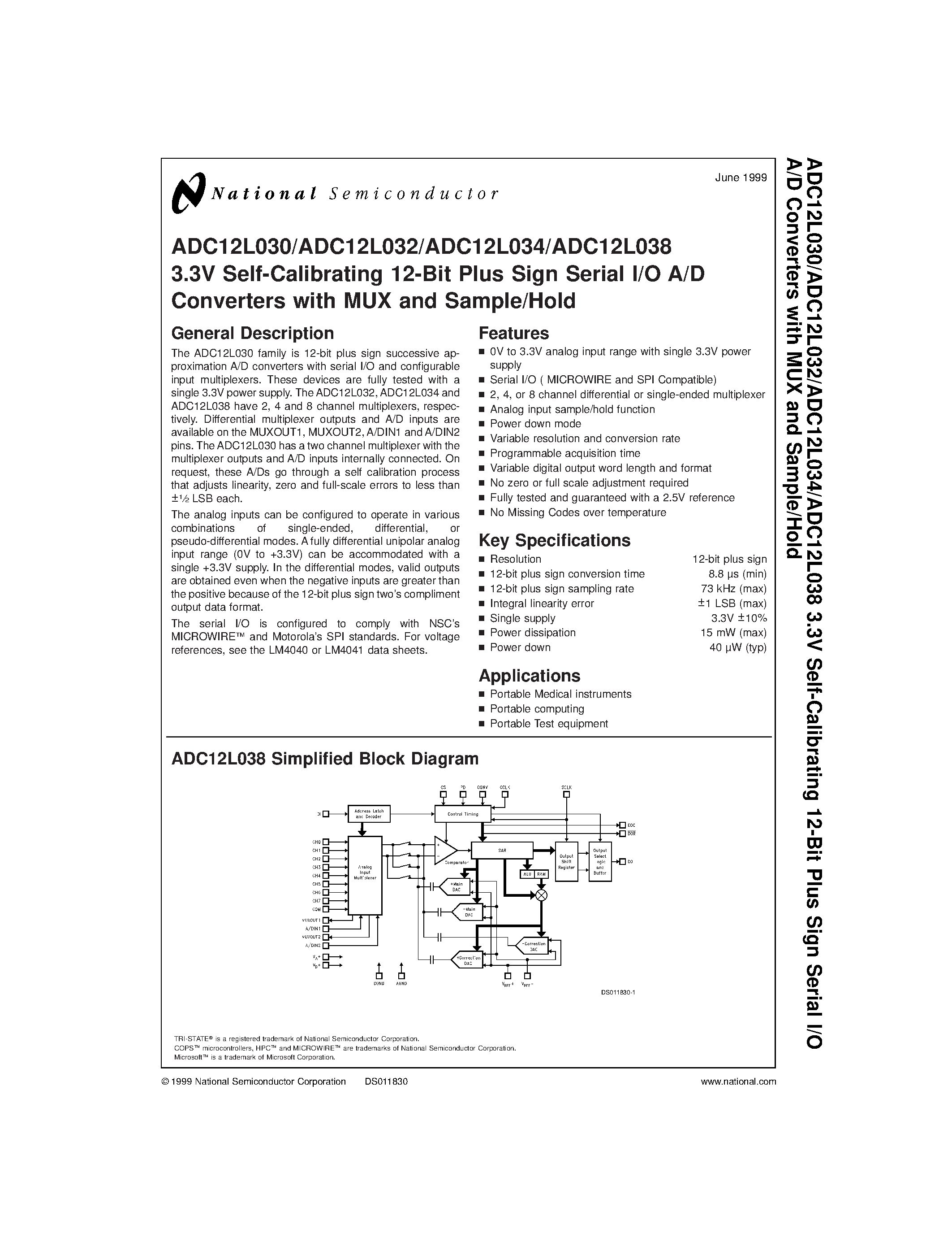 Даташит ADC12L030CIWM - 3.3V Self-Calibrating 12-Bit Plus Sign Serial I/O A/D Converters with MUX and Sample/Hold страница 1