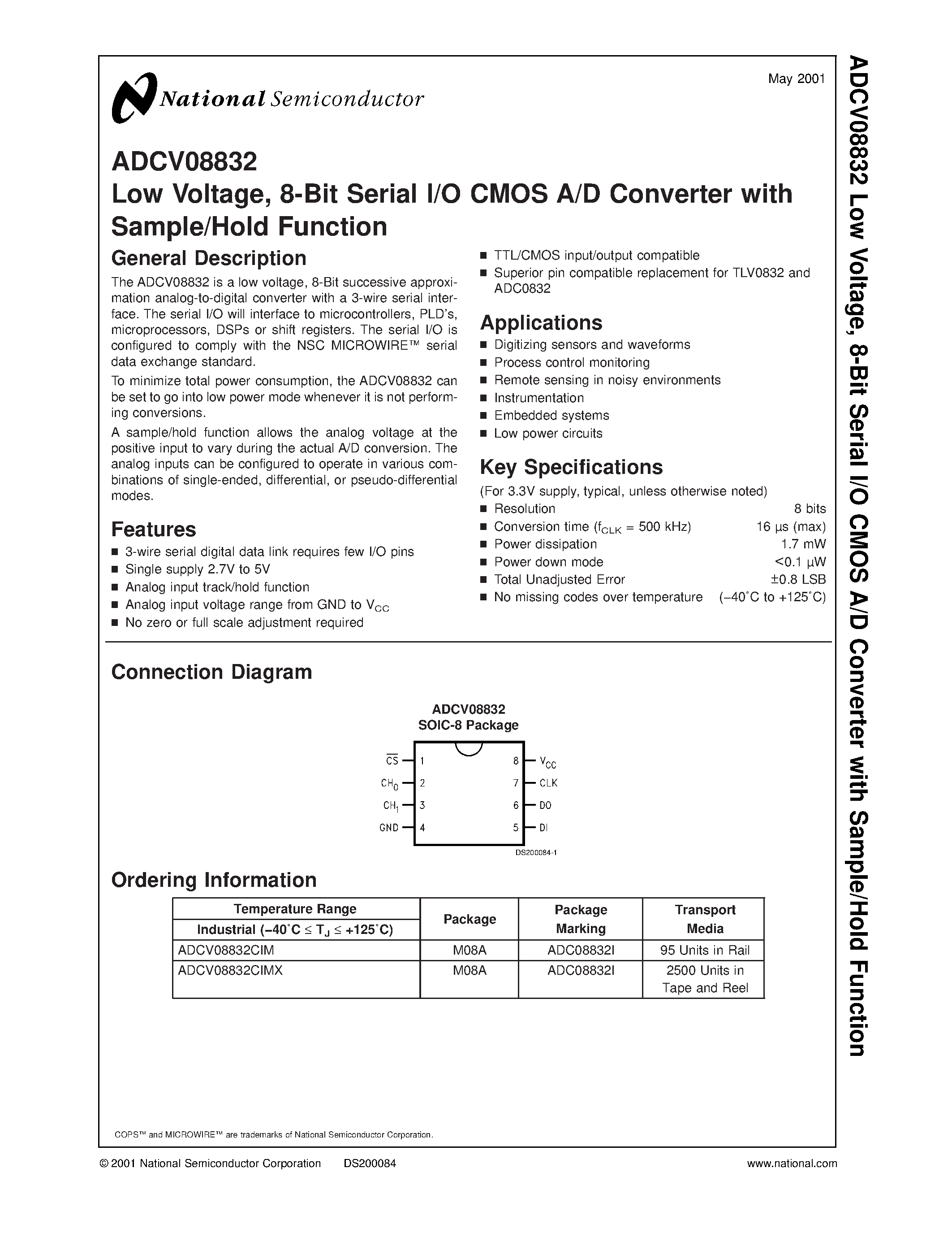 Даташит ADCV08832 - Low Voltage/ 8-Bit Serial I/O CMOS A/D Converter with Sample/Hold Function страница 1