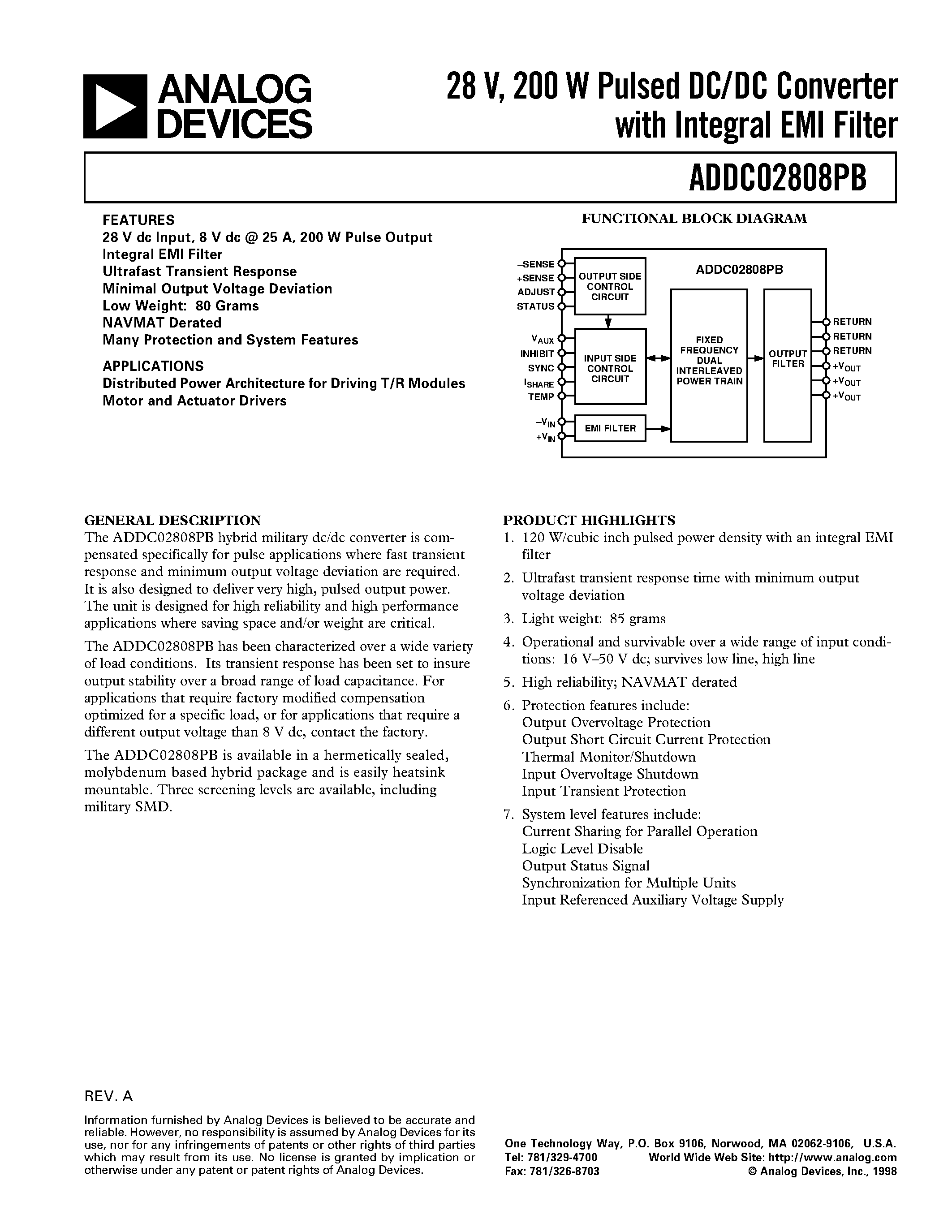 Datasheet ADDC02808PBKV - 28 V/ 200 W Pulsed DC/DC Converter with Integral EMI Filter page 1