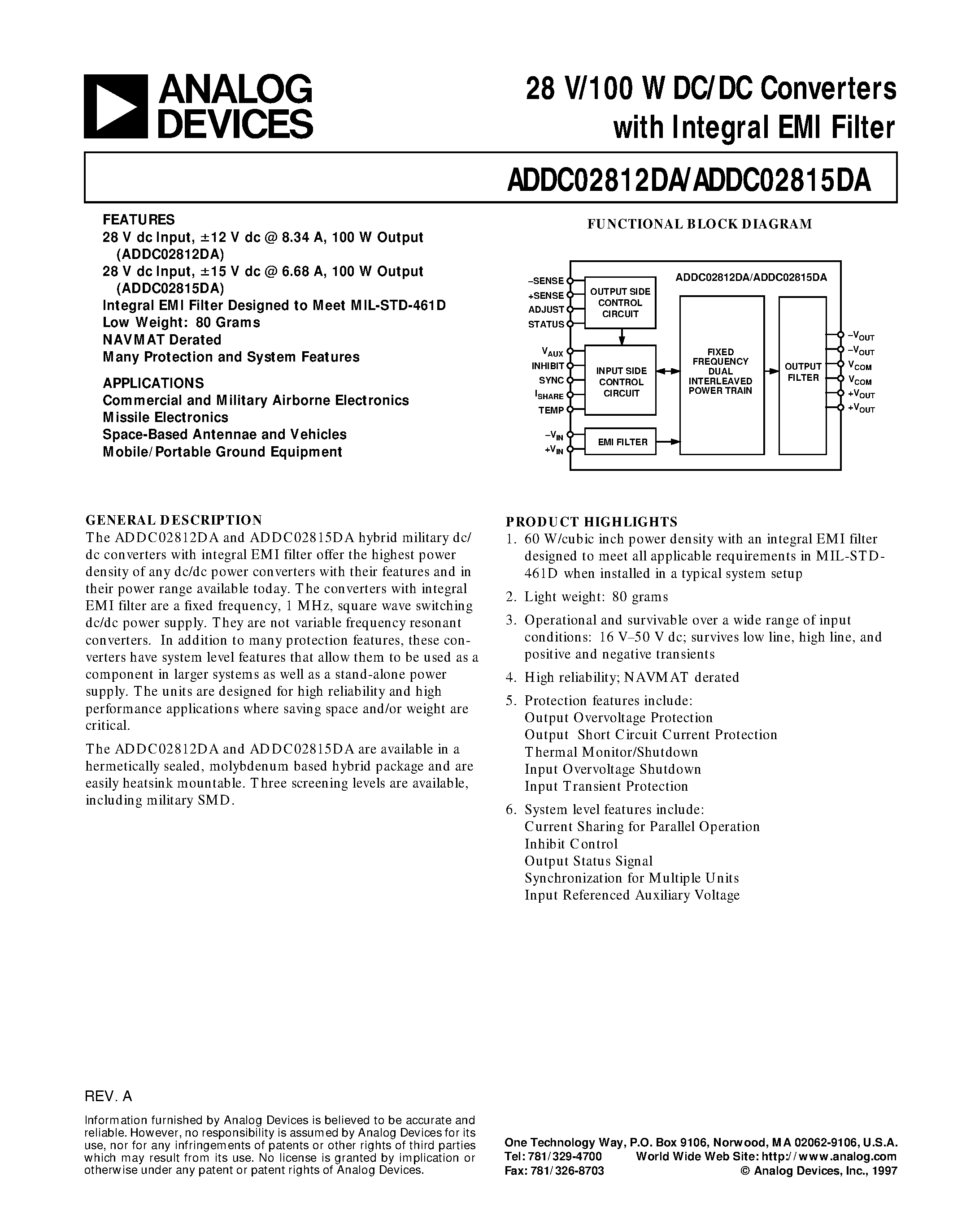 Даташит ADDC02812DAKV - 28 V/100 W DC/DC Converters with Integral EMI Filter страница 1