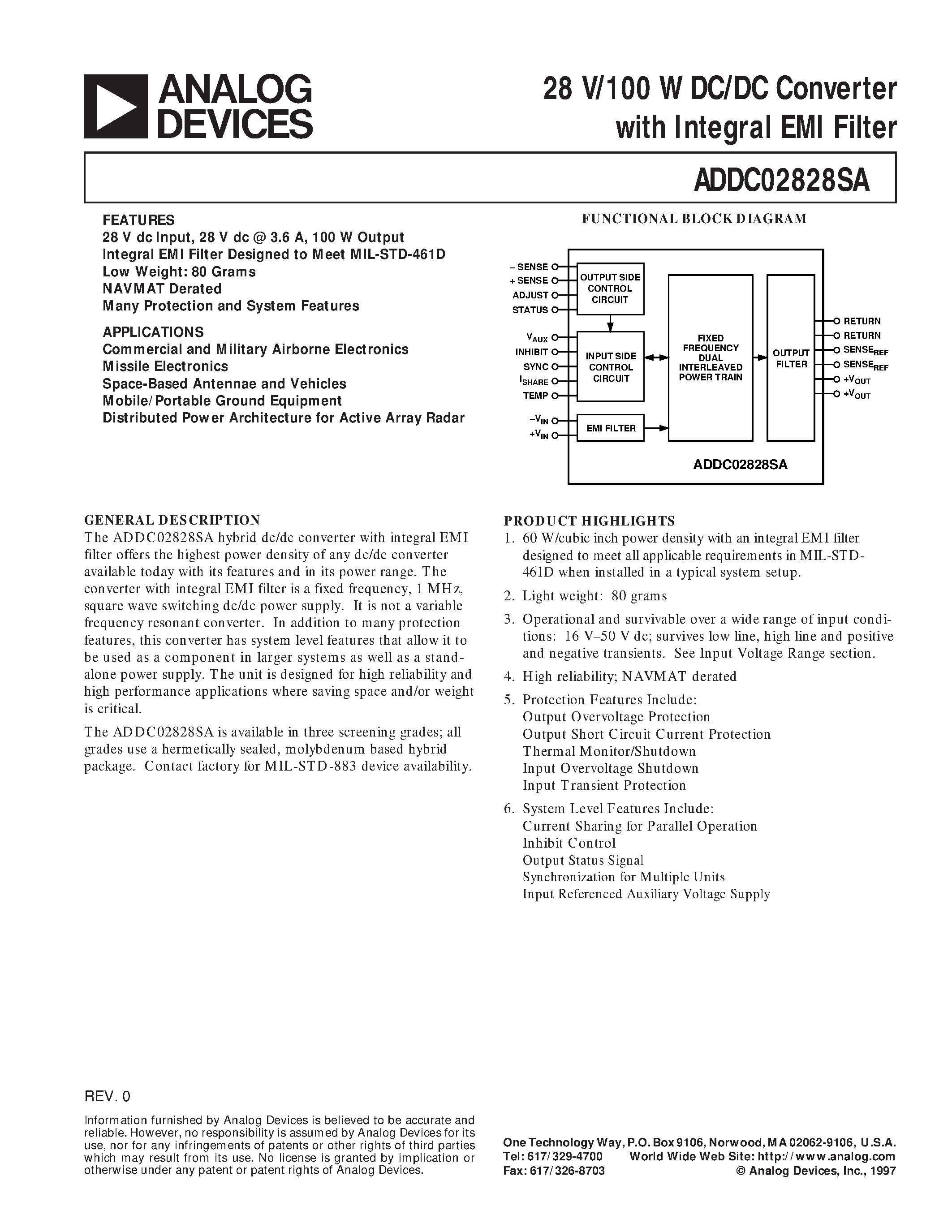 Datasheet ADDC02828SA - 28 V/100 W DC/DC Converter with Integral EMI Filter page 1