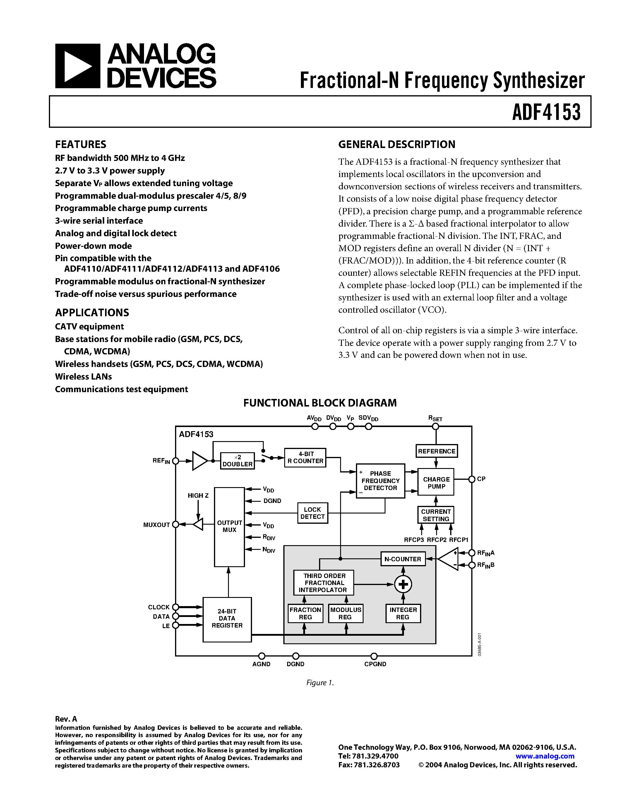Datasheet ADF4153BRU-REEL - Fractional-N Frequency Synthesizer page 1