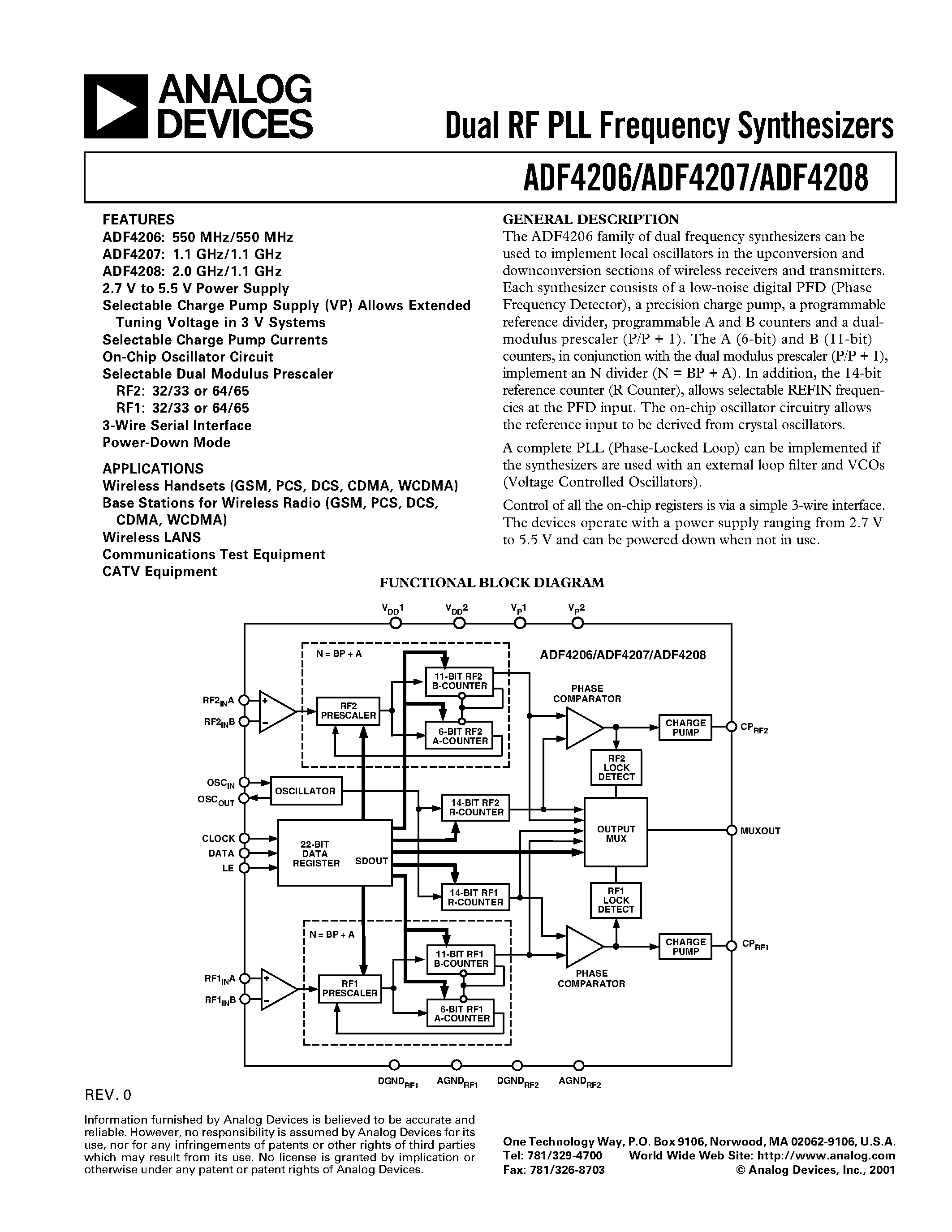 Datasheet ADF4206 - Dual RF PLL Frequency Synthesizers page 1