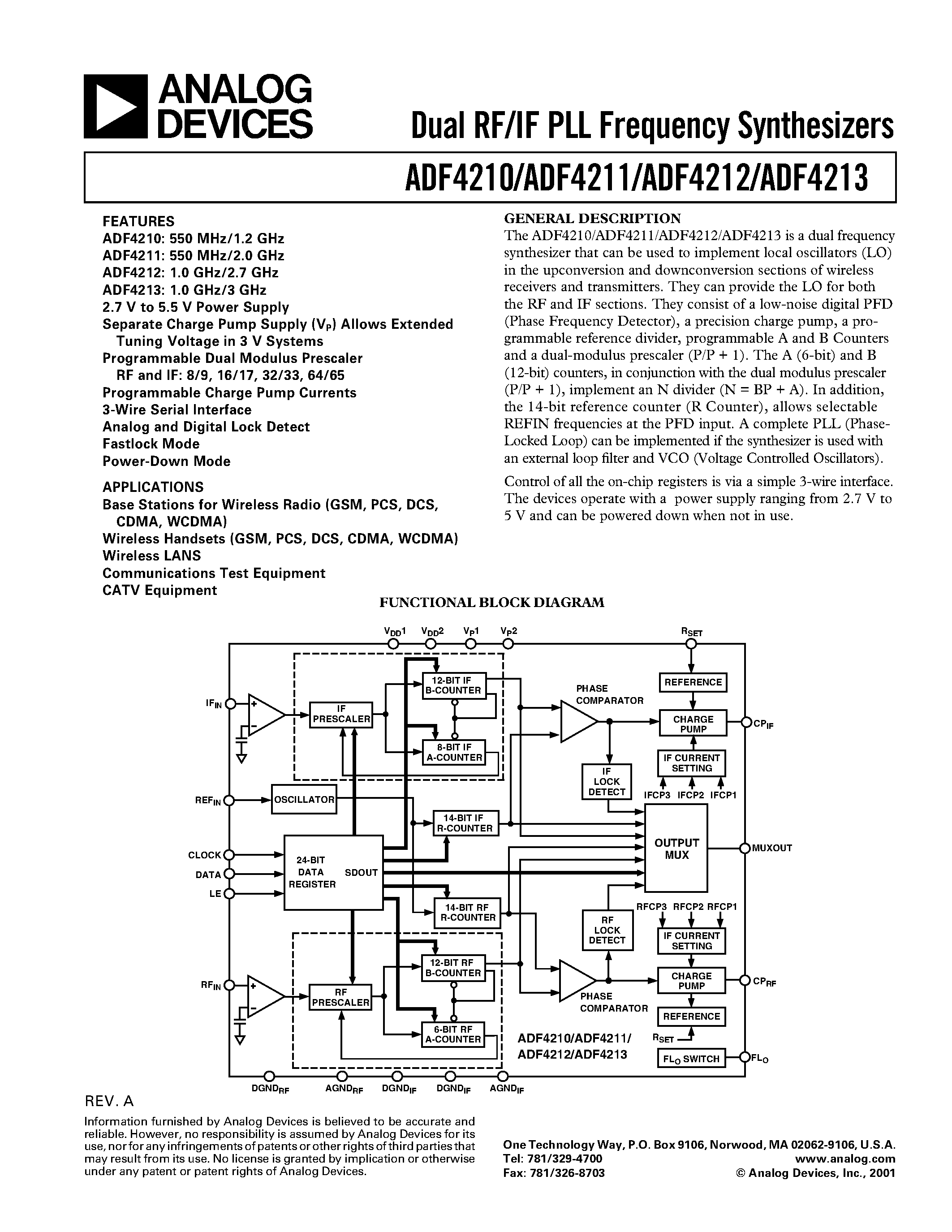 Datasheet ADF4210 - Dual RF/IF PLL Frequency Synthesizers page 1