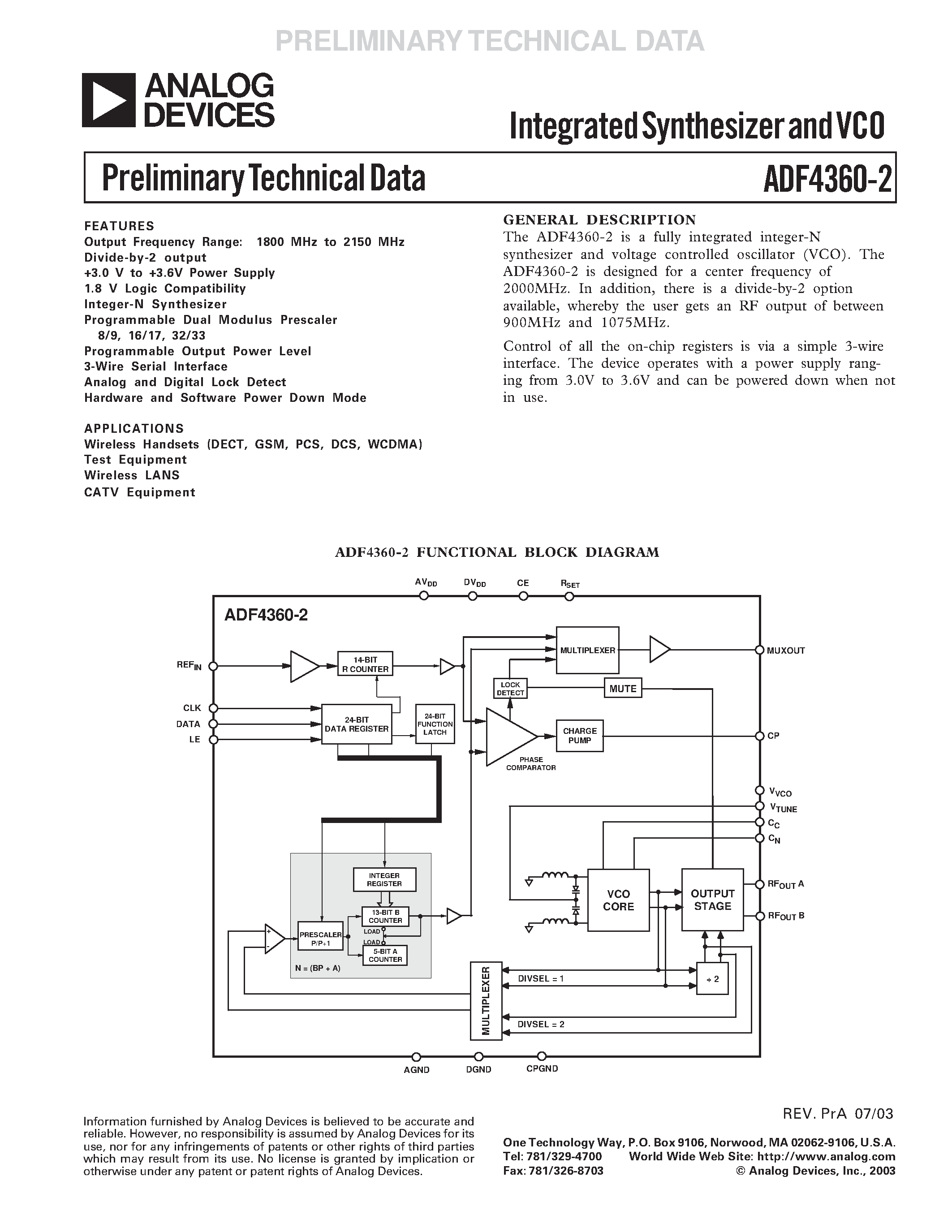 Даташит ADF4360-2 - Integrated Synthesizer and VCO страница 1