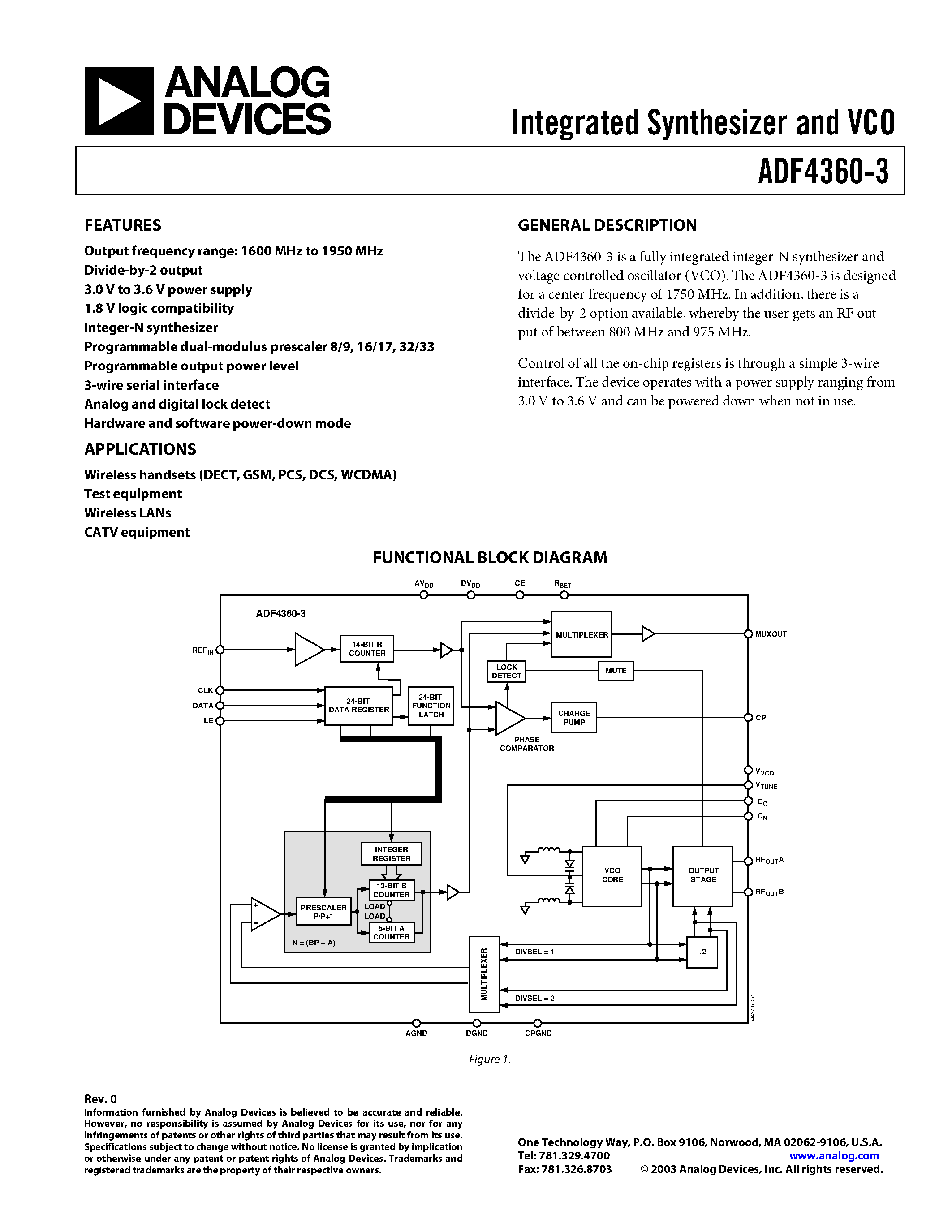 Даташит ADF4360-3 - Integrated Synthesizer and VCO страница 1