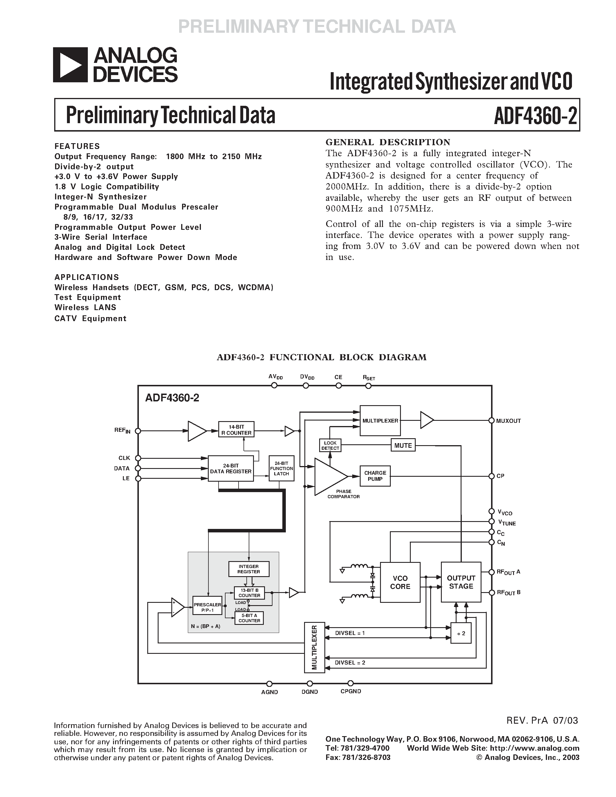 Datasheet ADF4360-4BCP - Integrated Synthesizer and VCO page 1