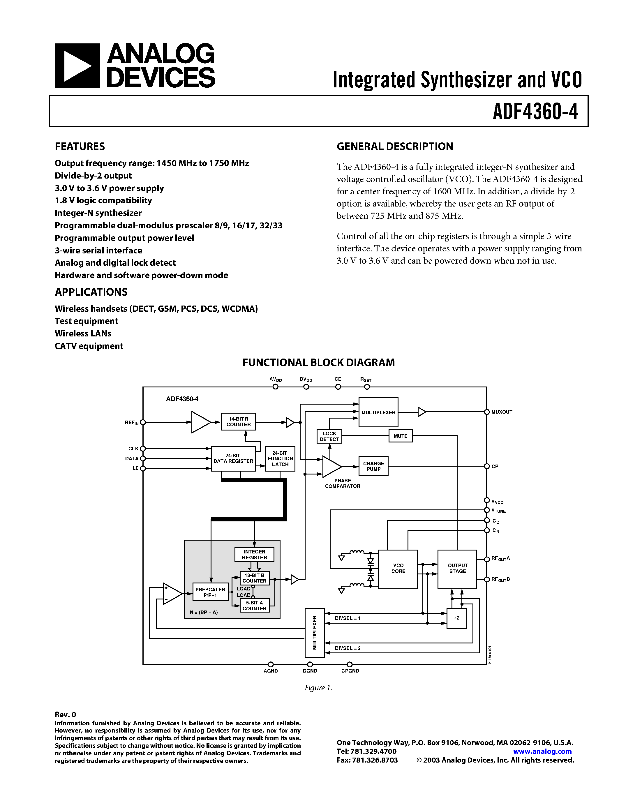 Datasheet ADF4360-4BCPRL - Integrated Synthesizer and VCO page 1