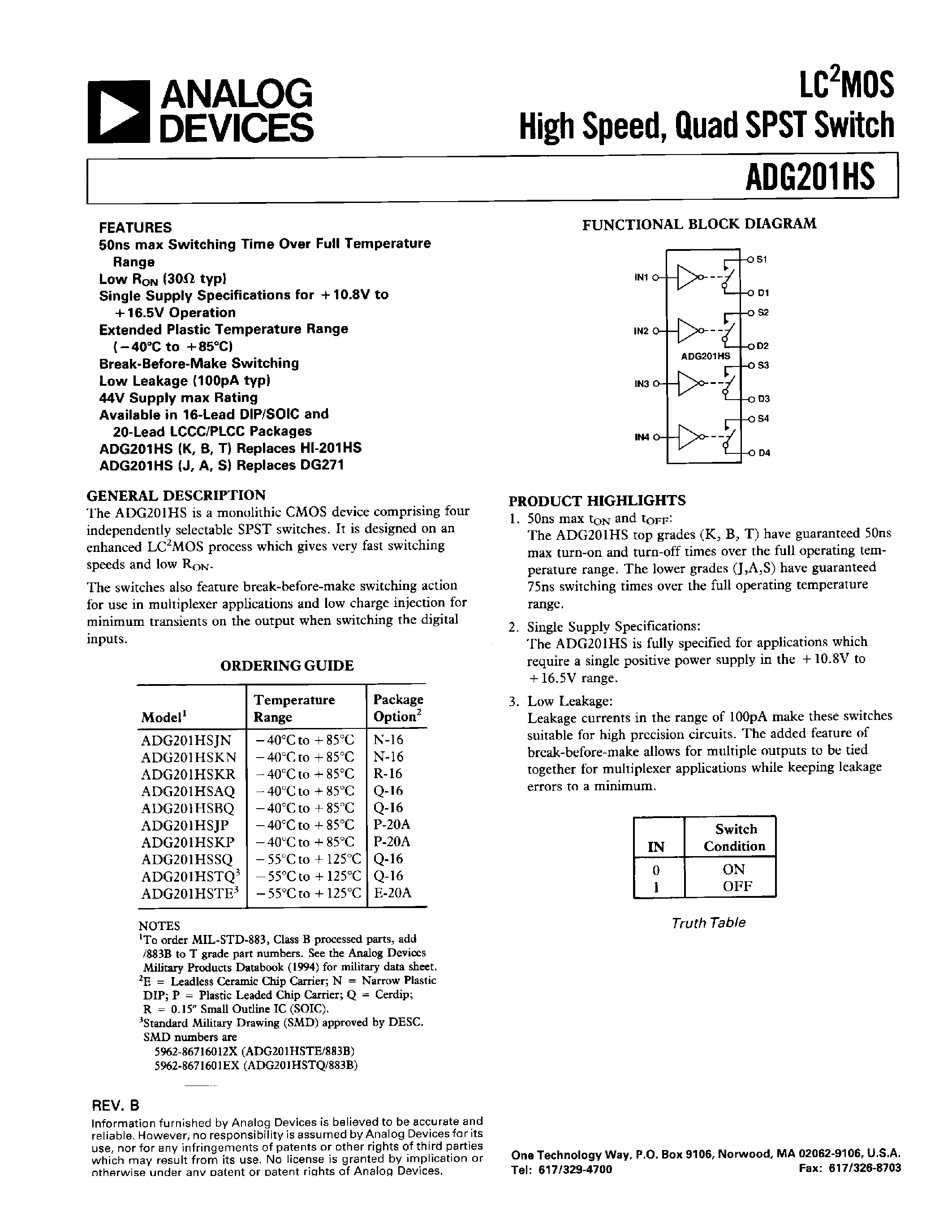 Datasheet ADG201HSKN - LC2MOS HIGH SPEED/ QUAD SPST SWITCH page 1