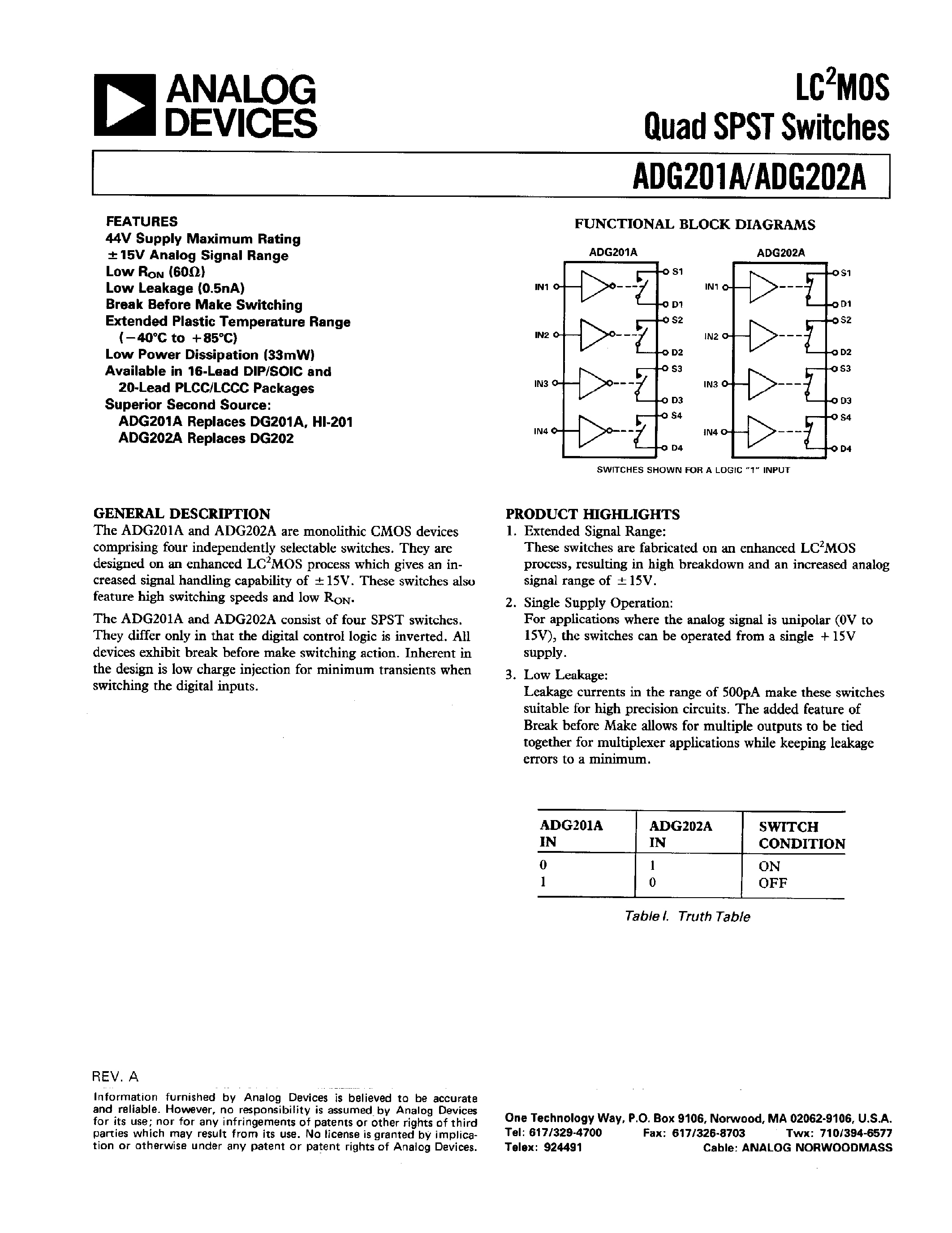 Datasheet ADG202AKN - LC2MOS QUAD SPST SWITCHES page 1