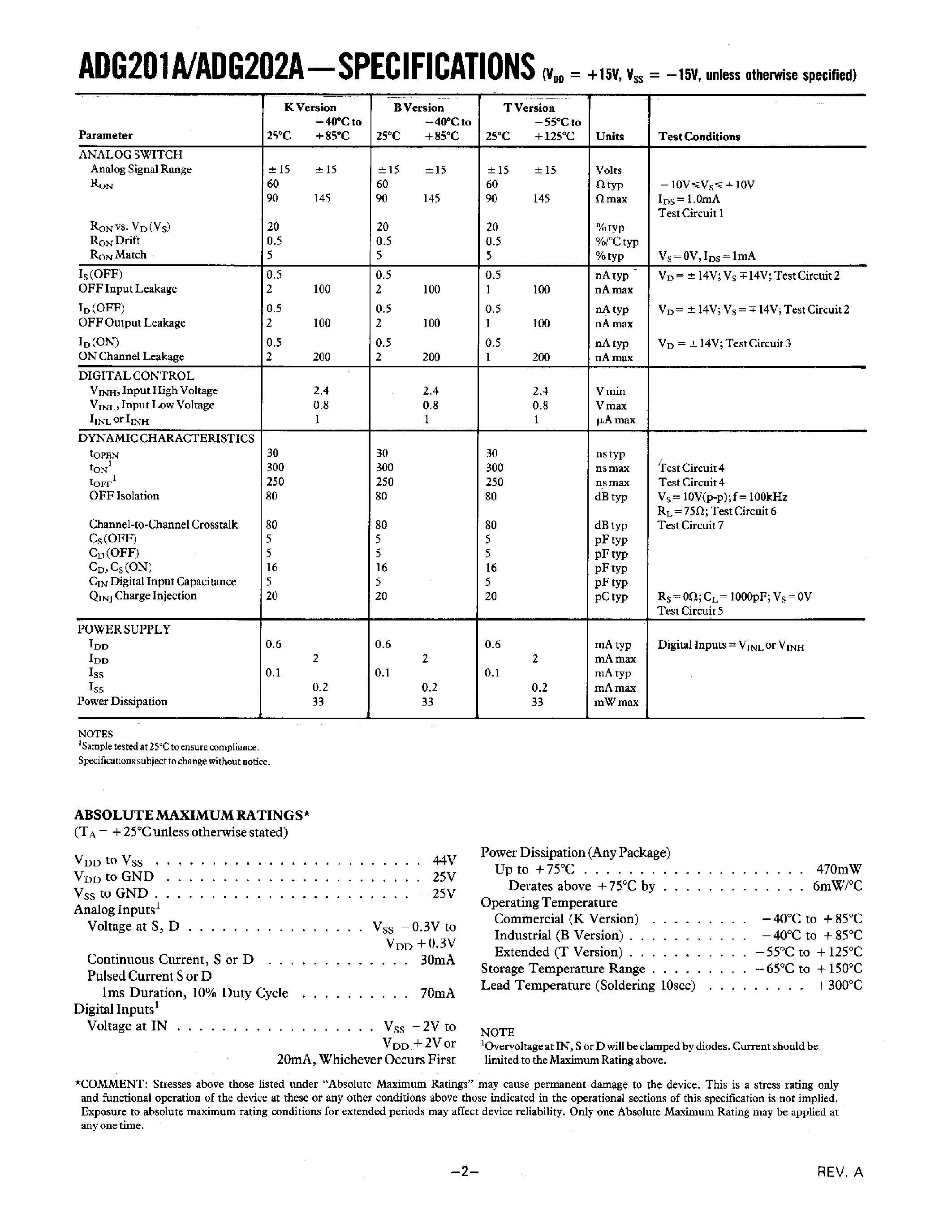 Datasheet ADG202AKN - LC2MOS QUAD SPST SWITCHES page 2