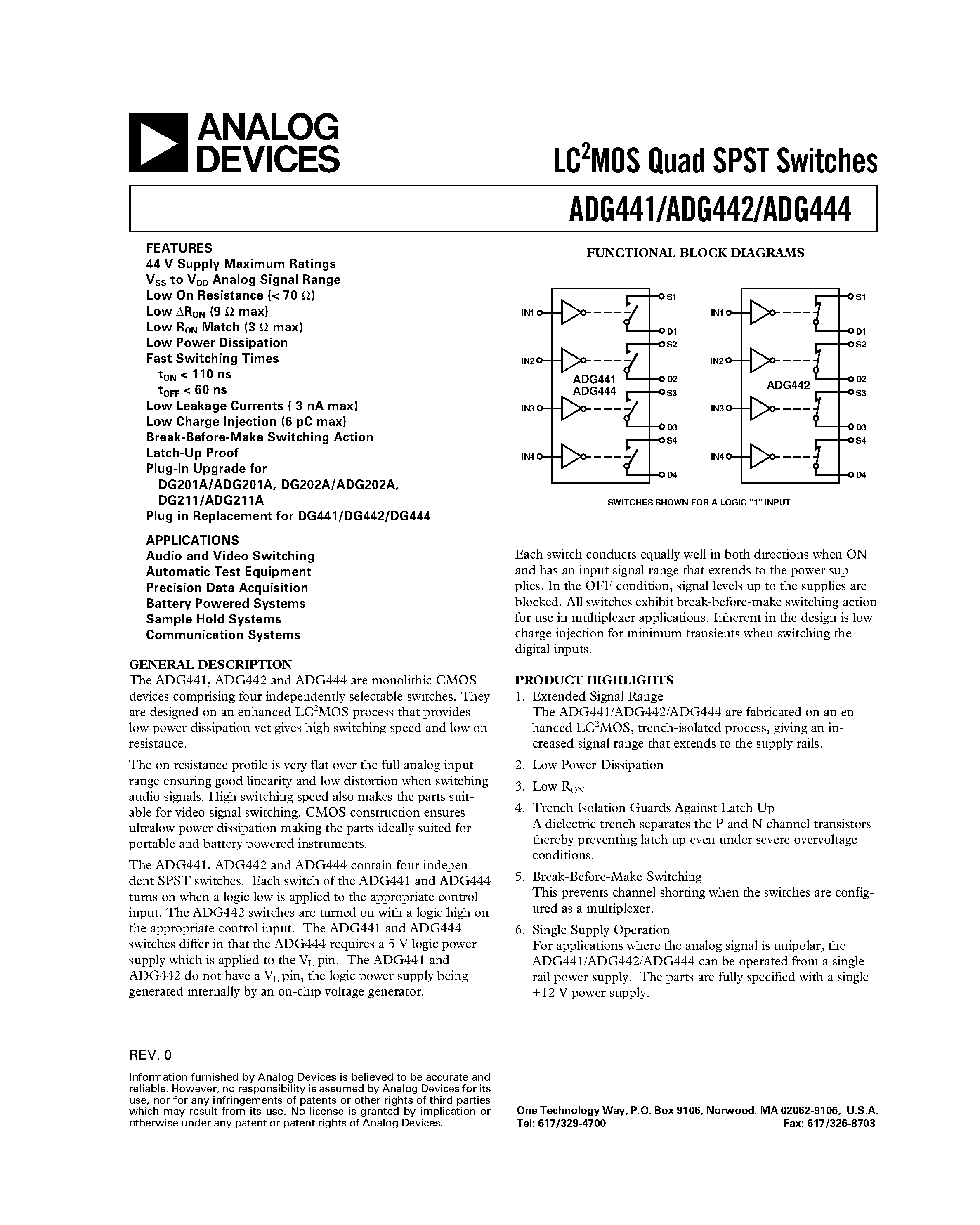 Datasheet ADG444BR - LC2MOS Quad SPST Switches page 1