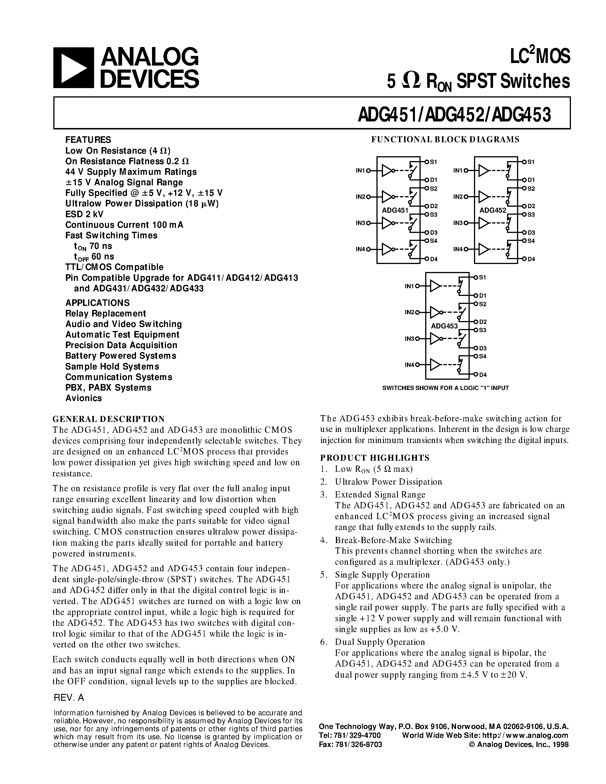 Datasheet ADG451 - LC2MOS 5 ohm RON SPST Switches page 1