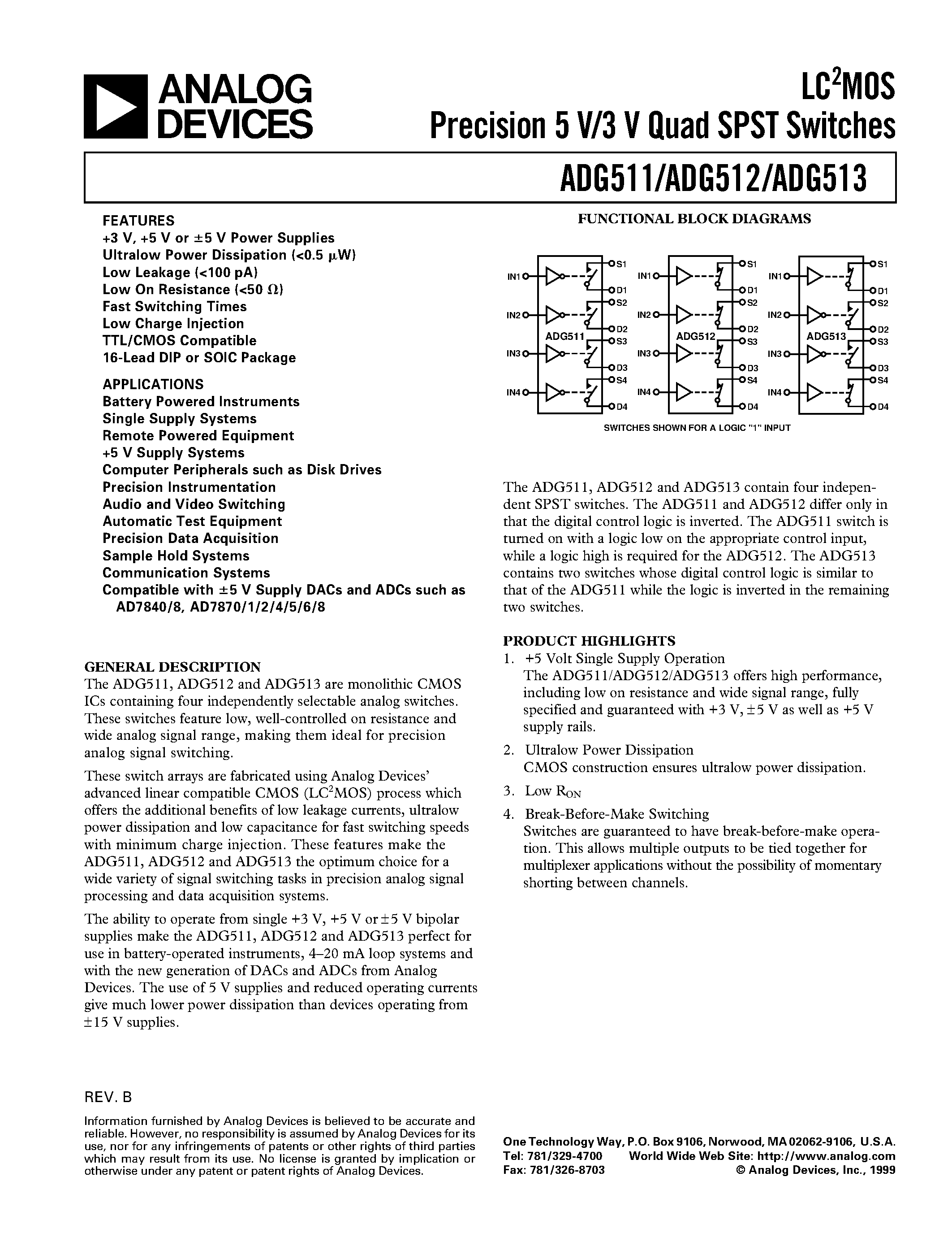 Datasheet ADG511 - LC2MOS Precision 5 V/3 V Quad SPST Switches page 1