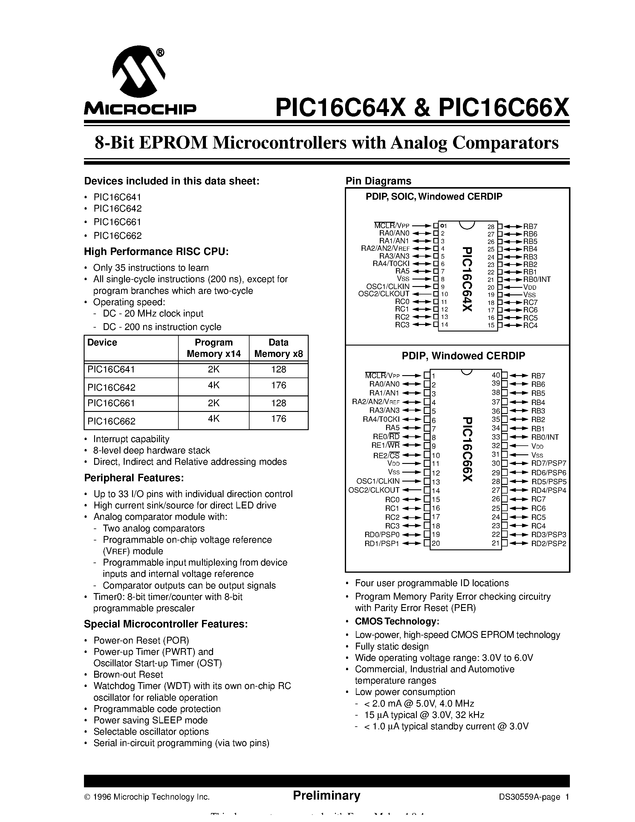 Datasheet PIC16C641-04/L - 8-Bit EPROM Microcontrollers with Analog Comparators page 1