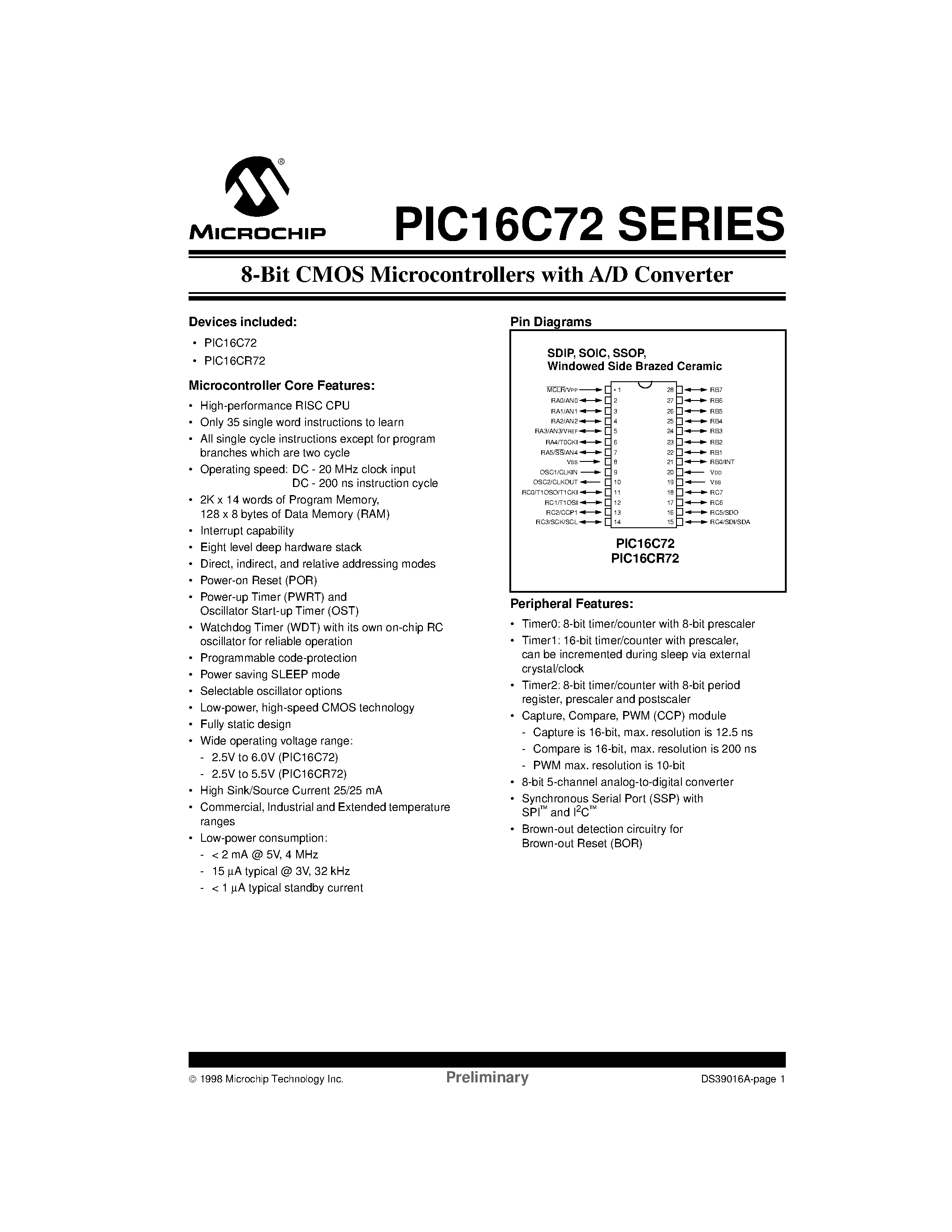 Даташит PIC16C72-04/P - 8-Bit CMOS Microcontrollers with A/D Converter страница 1