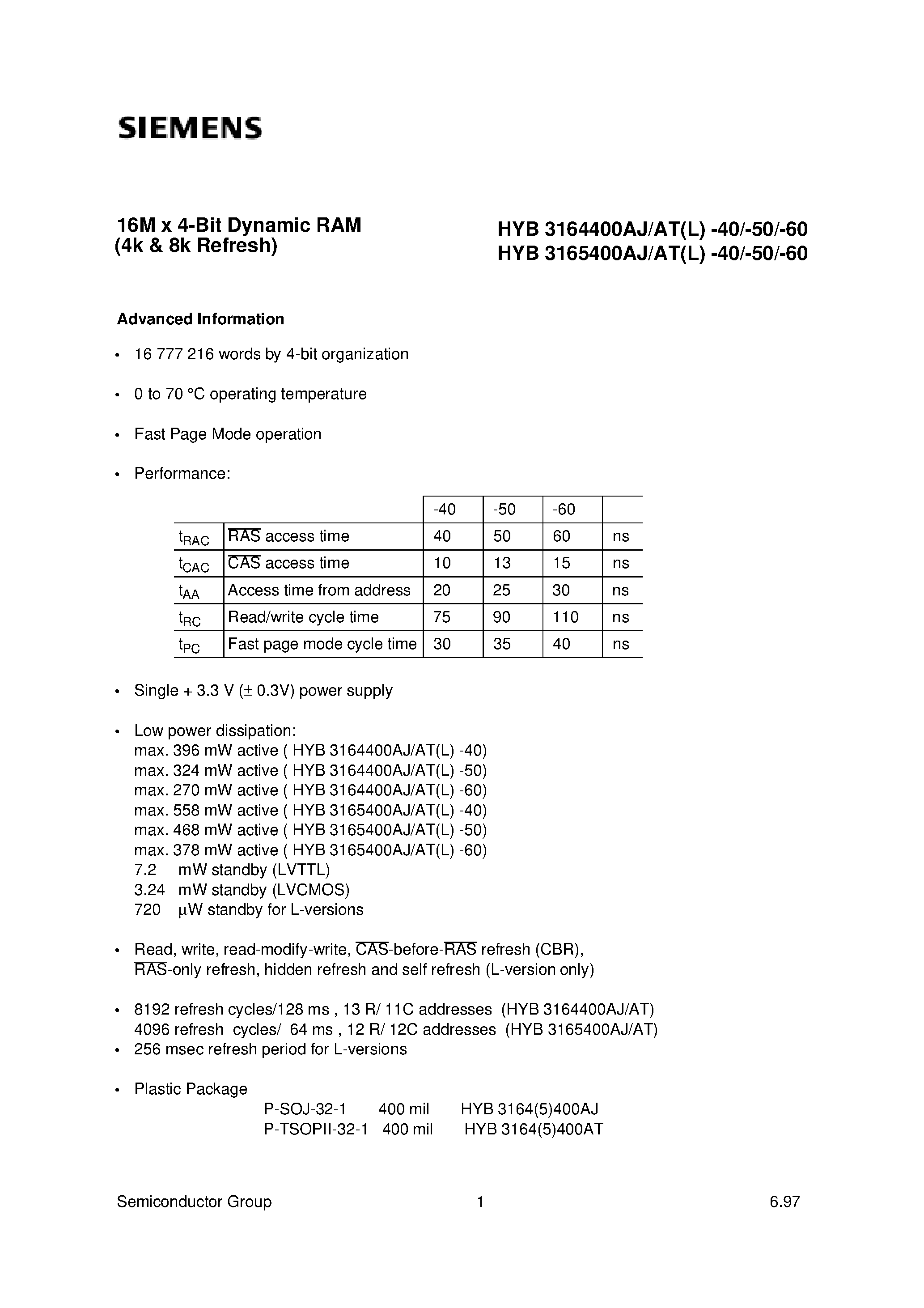 Datasheet HYB3164(5)400ATL - 16M x 4-Bit Dynamic RAM page 1