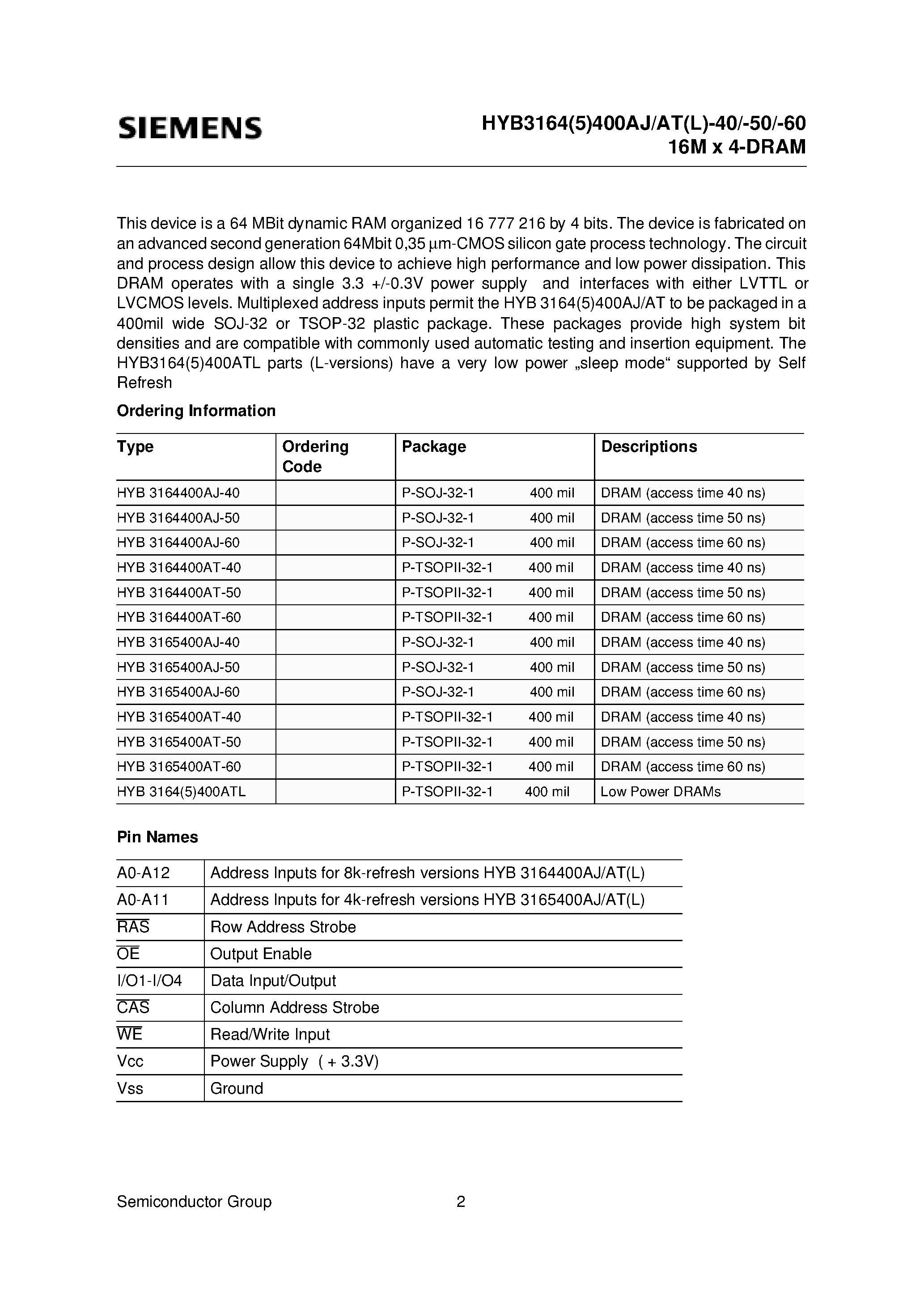 Datasheet HYB3164(5)400ATL - 16M x 4-Bit Dynamic RAM page 2