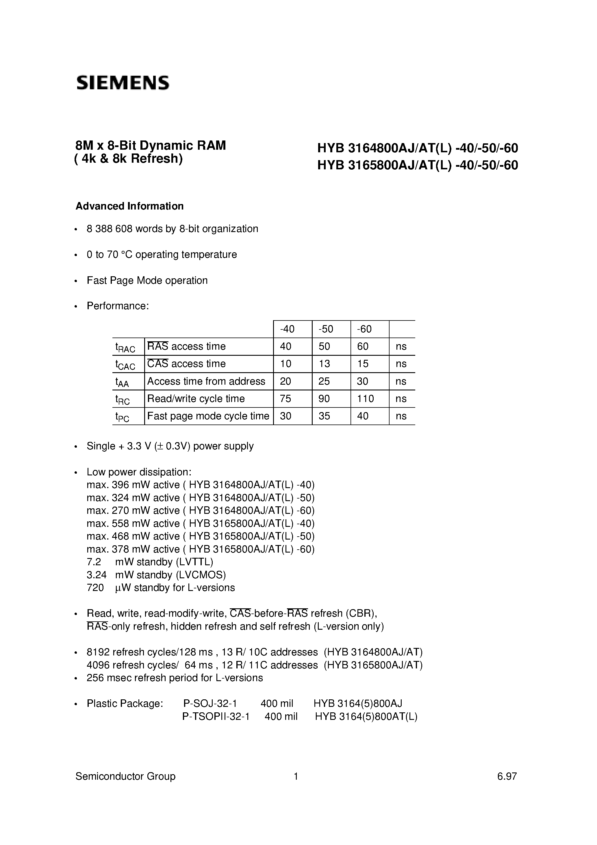 Datasheet HYB3164(5)800ATL - 8M x 8-Bit Dynamic RAM page 1