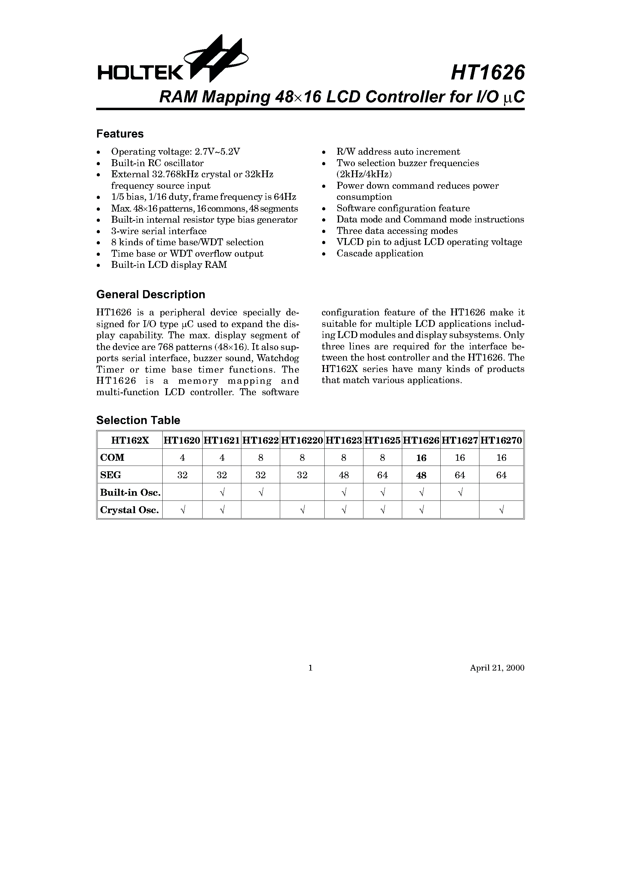 Datasheet HT1626 - RAM Mapping 64 x16 LCD Controller for I/O C page 1