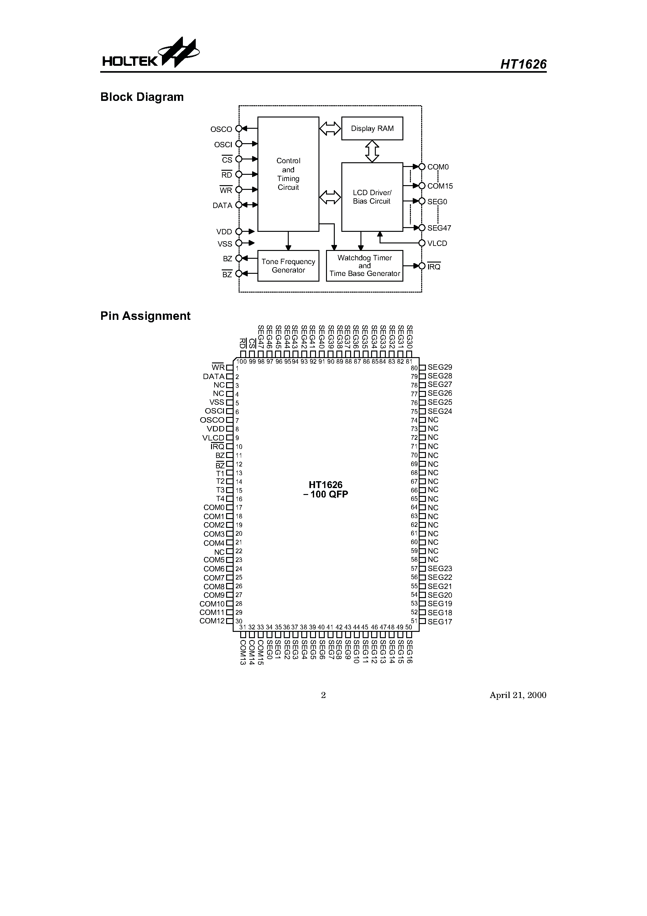 Datasheet HT1626 - RAM Mapping 64 x16 LCD Controller for I/O C page 2