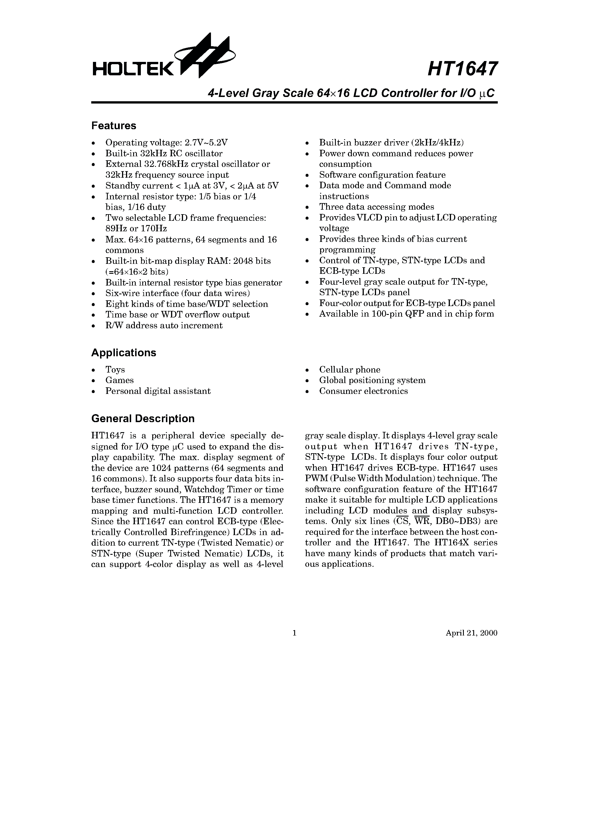 Datasheet HT1647 - 4-Level Gray Scale 64x16 LCD Controller for I/O C page 1