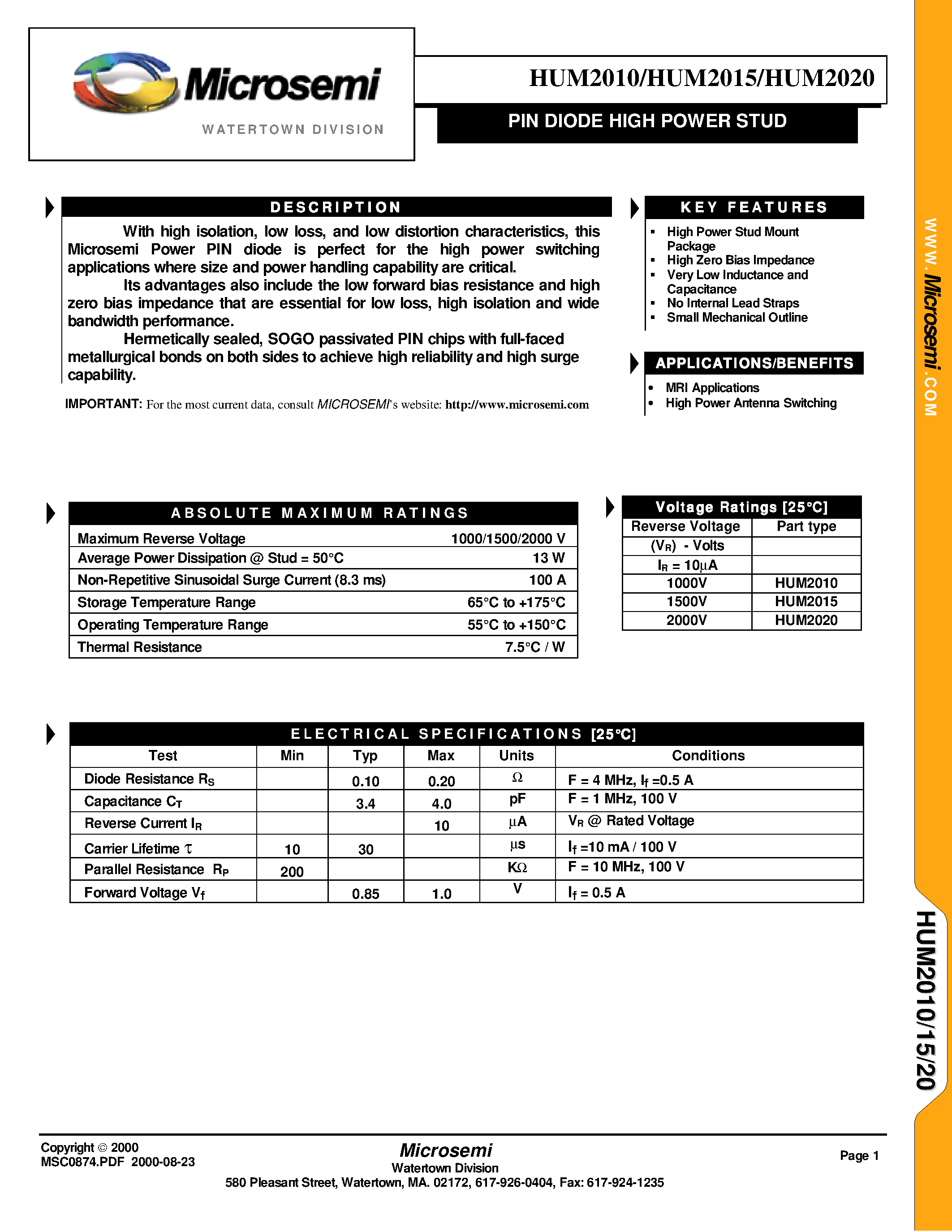 Datasheet HUM2015 - PIN DIODE HIGH POWER STUD page 1