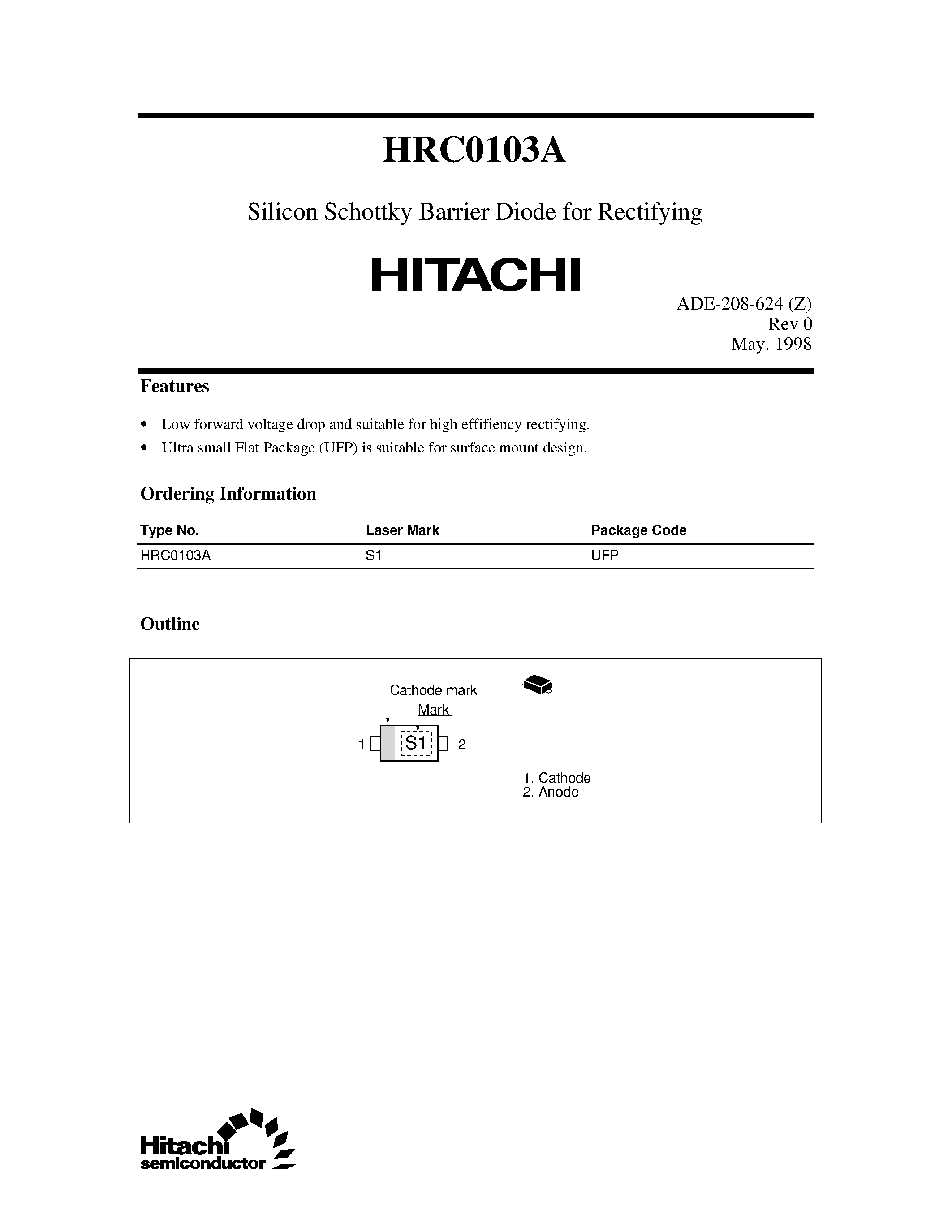 Datasheet HRC0103 - Silicon Schottky Barrier Diode for Rectifying page 1