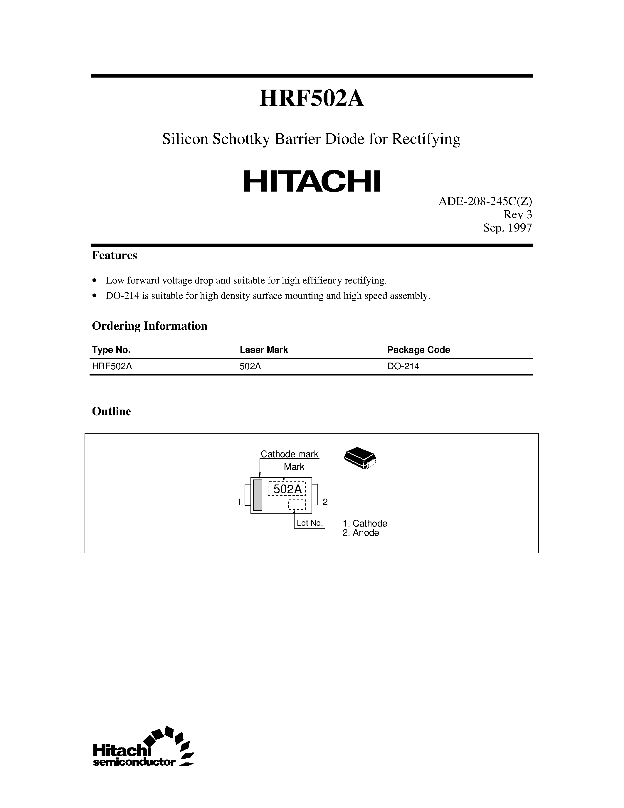 Datasheet HRF502A - Silicon Schottky Barrier Diode for Rectifying page 1