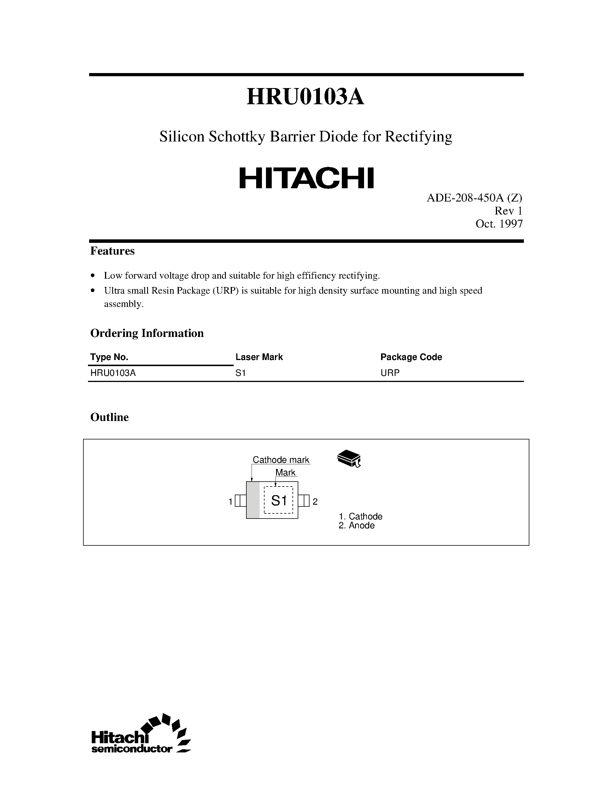 Datasheet HRU0103A - Silicon Schottky Barrier Diode for Rectifying page 1