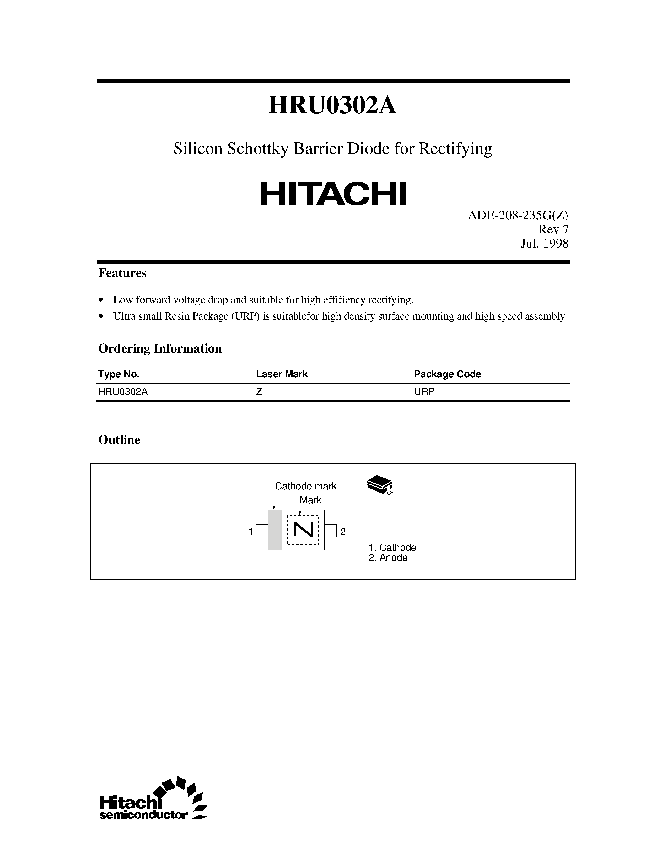 Datasheet HRU0302 - Silicon Schottky Barrier Diode for Rectifying page 1