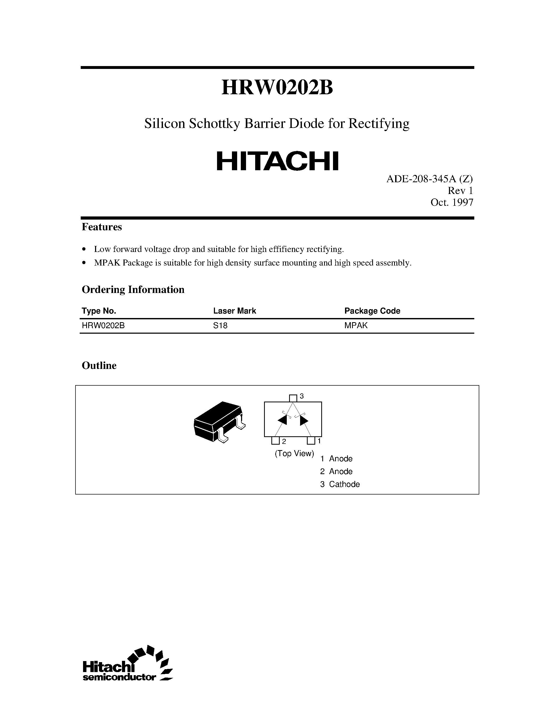 Datasheet HRW0202B - Silicon Schottky Barrier Diode for Rectifying page 1