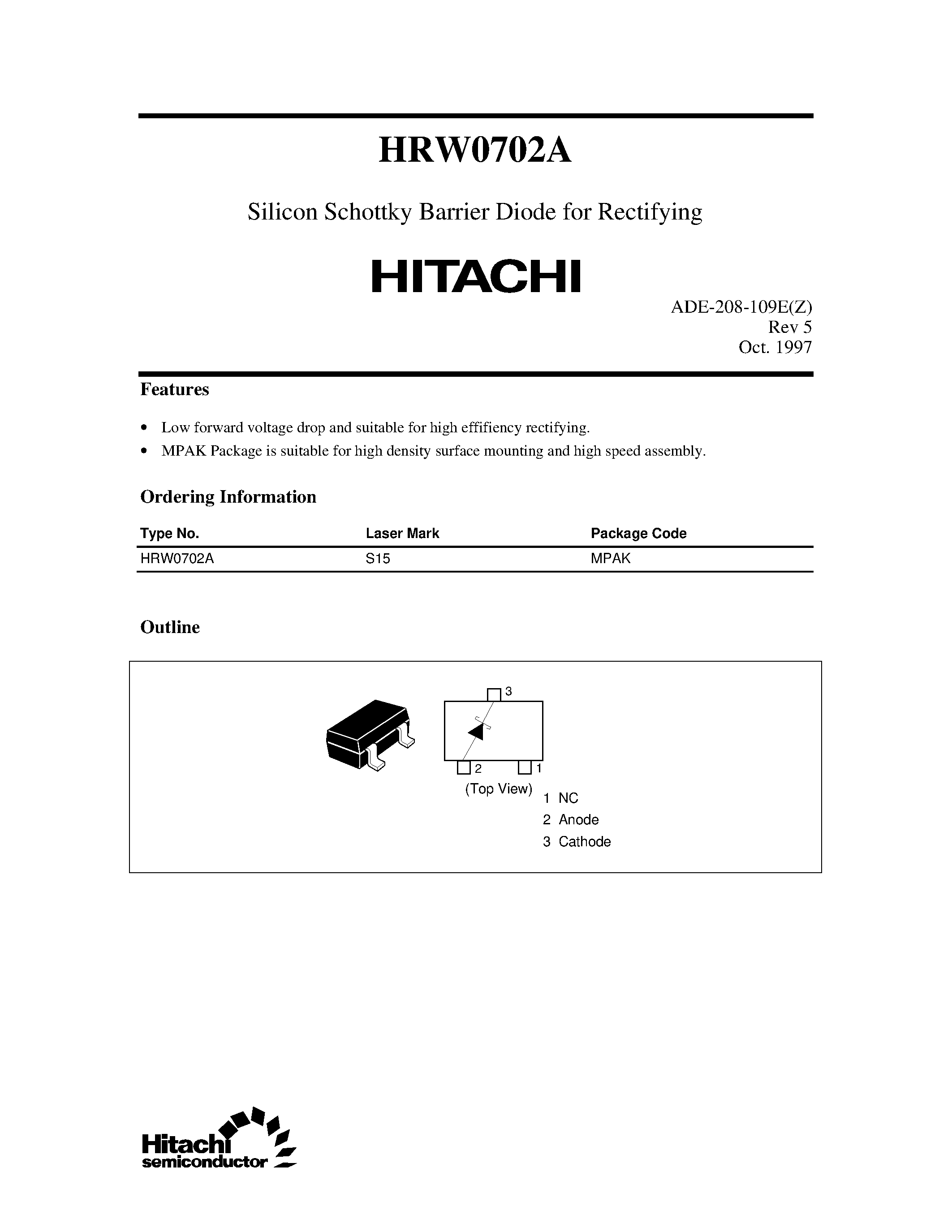 Datasheet HRW0702A - Silicon Schottky Barrier Diode for Rectifying page 1