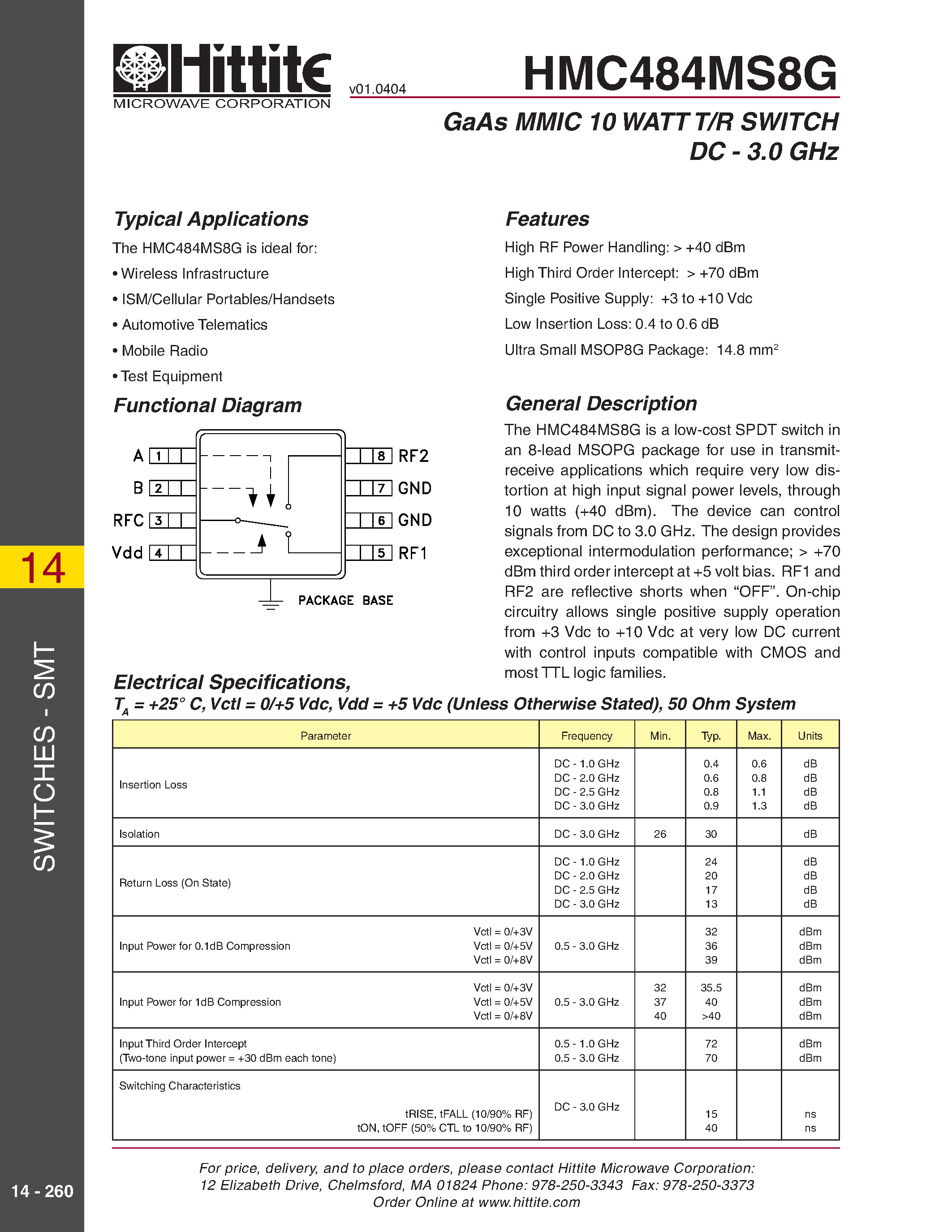 Datasheet HMC484MS8G - GaAs MMIC 10 WATT T/R SWITCH DC - 3.0 GHz page 1