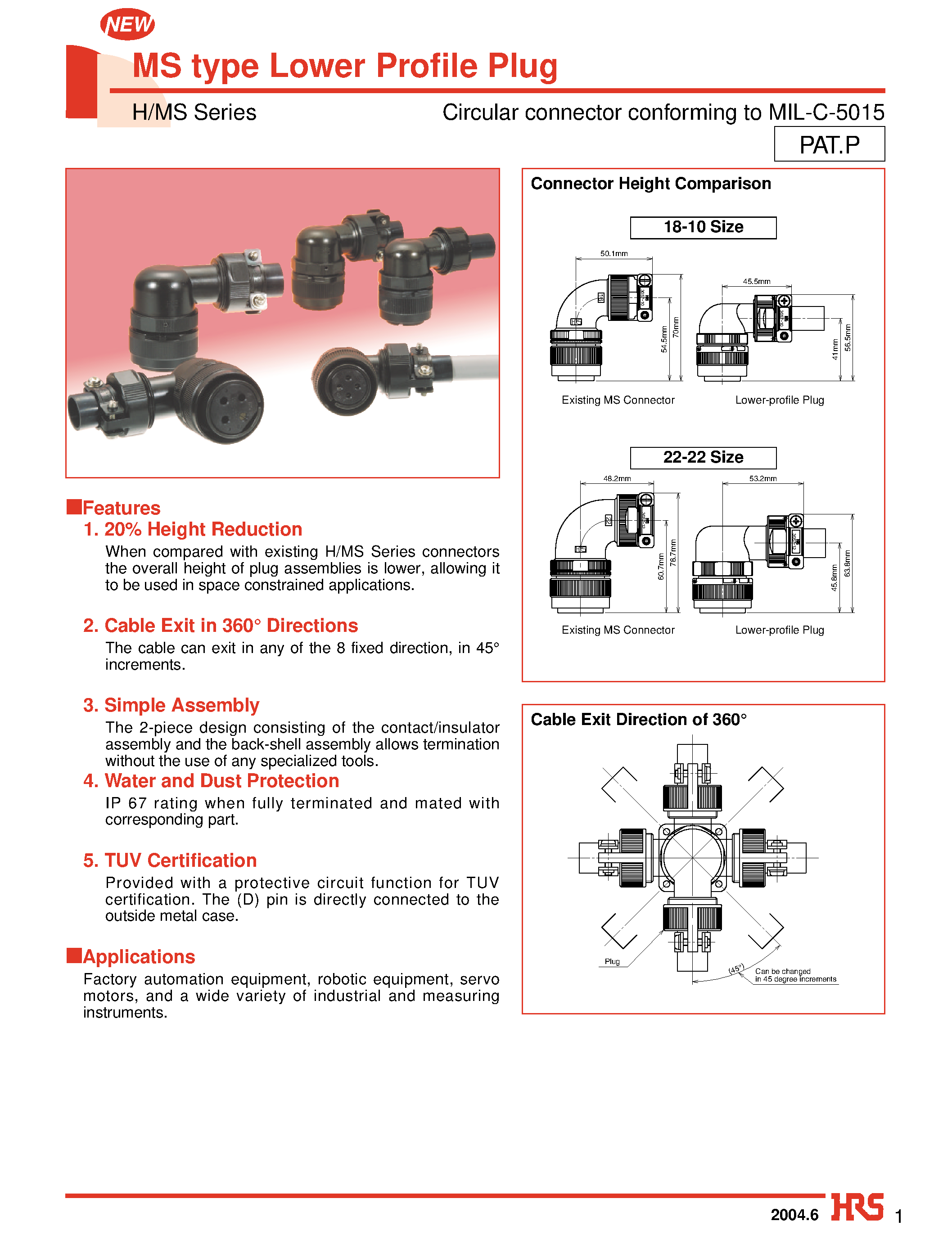 Datasheet HMS08A18-10S-DT10D - MS type Lower Profile Plug(Circular connector conforming to MIL-C-5015) page 1