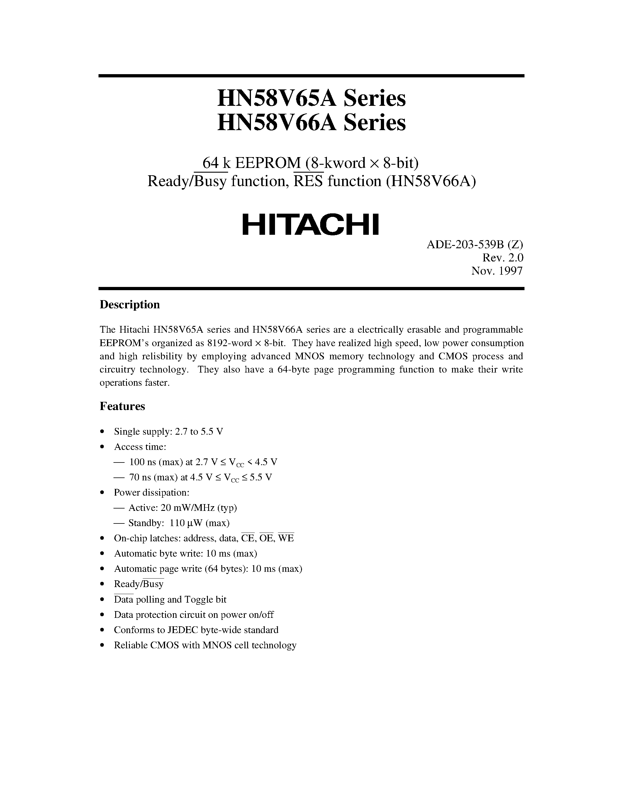 Даташит HN58V65A - 64 k EEPROM (8-kword x 8-bit) Ready/Busy function/ RES function (HN58V66A) страница 1