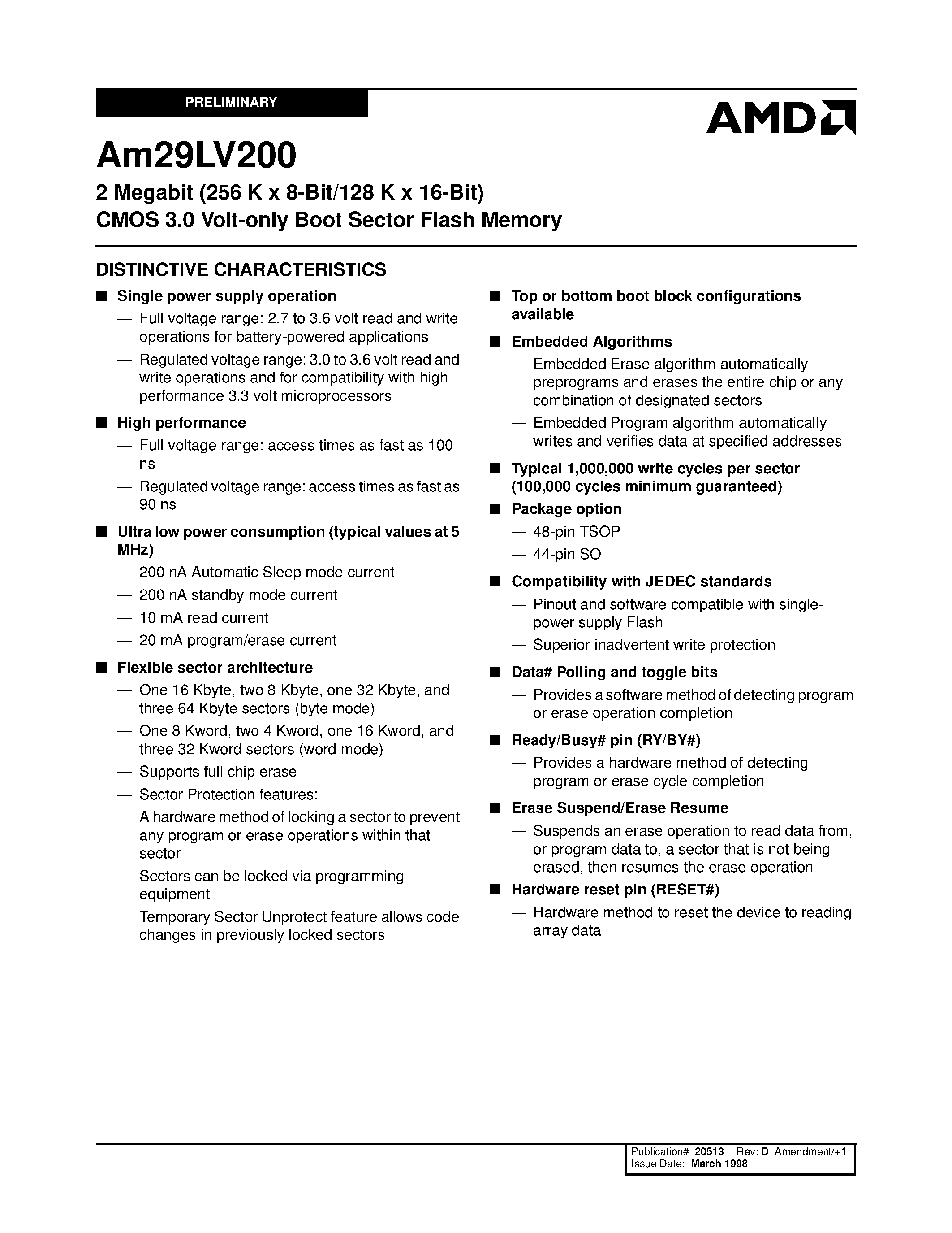 Даташит AM29LV200 - 2 Megabit (256 K x 8-Bit/128 K x 16-Bit) CMOS 3.0 Volt-only Boot Sector Flash Memory страница 1