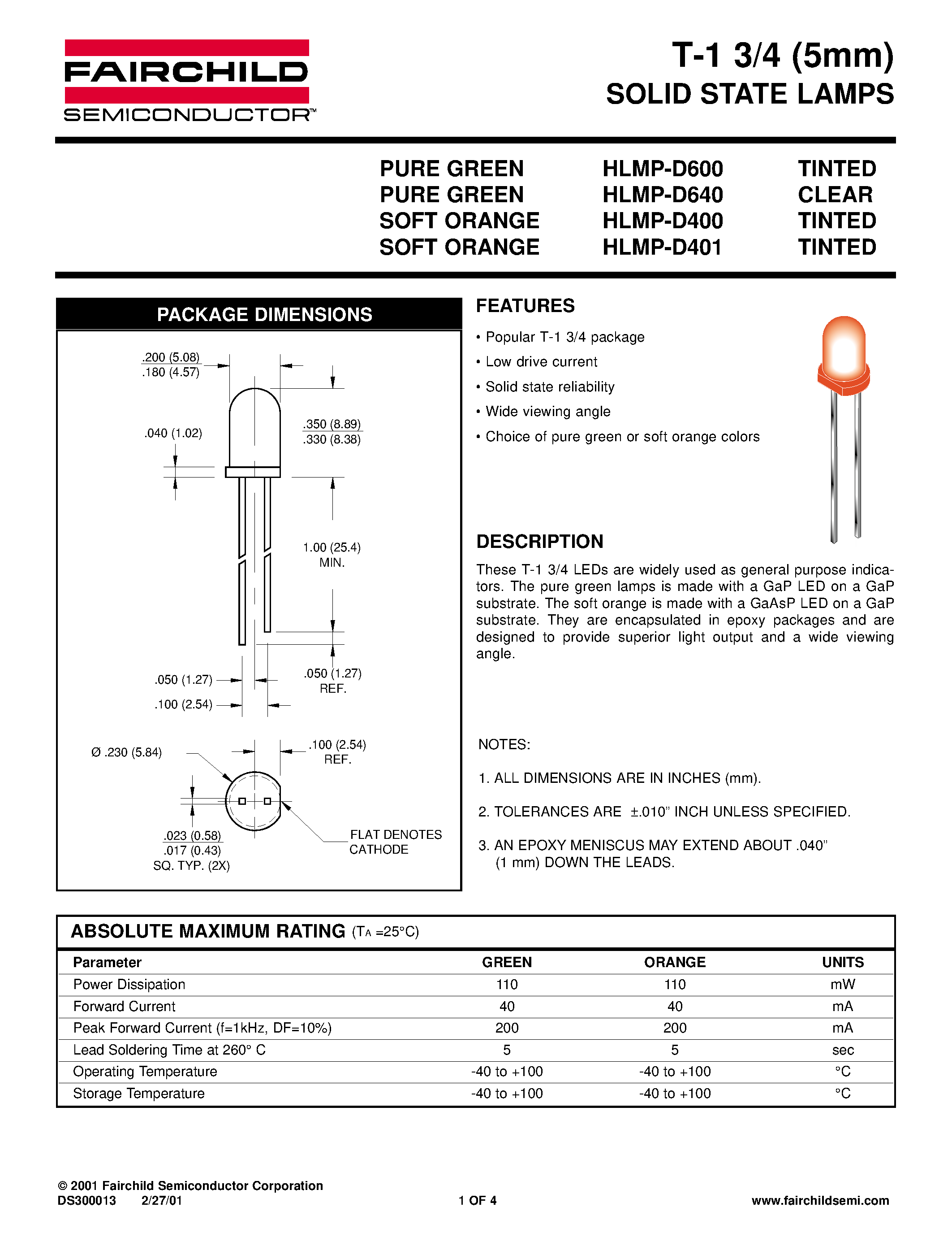 Даташит HLMP-D401 - T-1 3/4 5mm SOLID STATE LAMPS страница 1