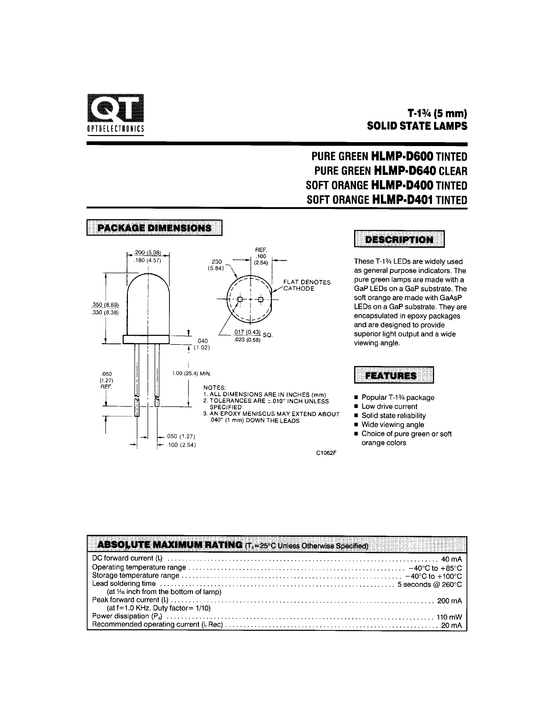 Даташит HLMP-D401 - T-1 3/4 (5mm) SOLID STATE LAMPS страница 1